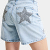Kadın Kot Rengi T-4s6-3 Mom Fit Midi Boy Parlak Yıldız Taşlı Özel Tasarım Denim Şort