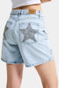 Kadın Kot Rengi T-4s6-3 Mom Fit Midi Boy Parlak Yıldız Taşlı Özel Tasarım Denim Şort