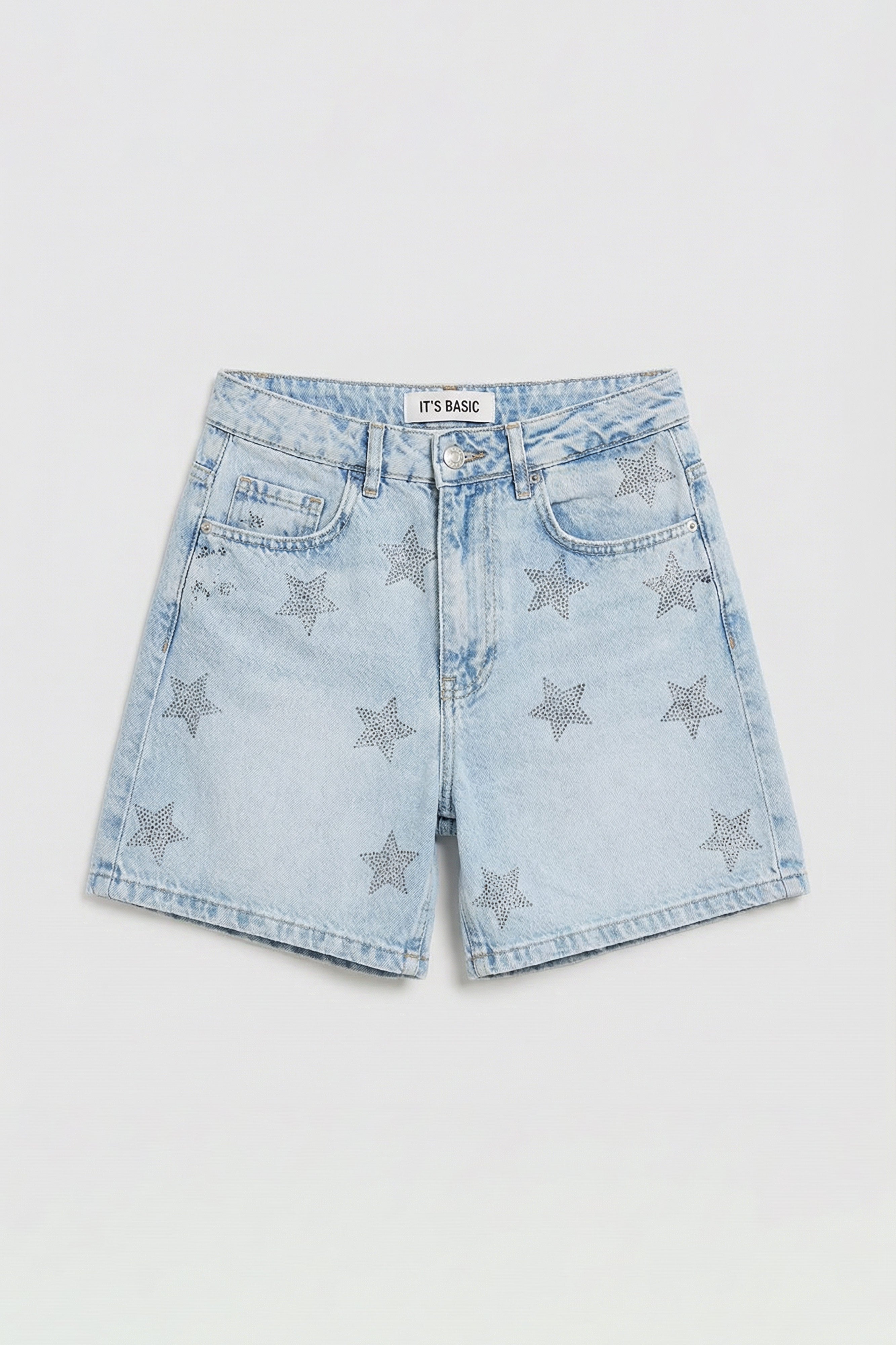 Kadın Kot Rengi T-4s6-3 Mom Fit Midi Boy Parlak Yıldız Taşlı Özel Tasarım Denim Şort