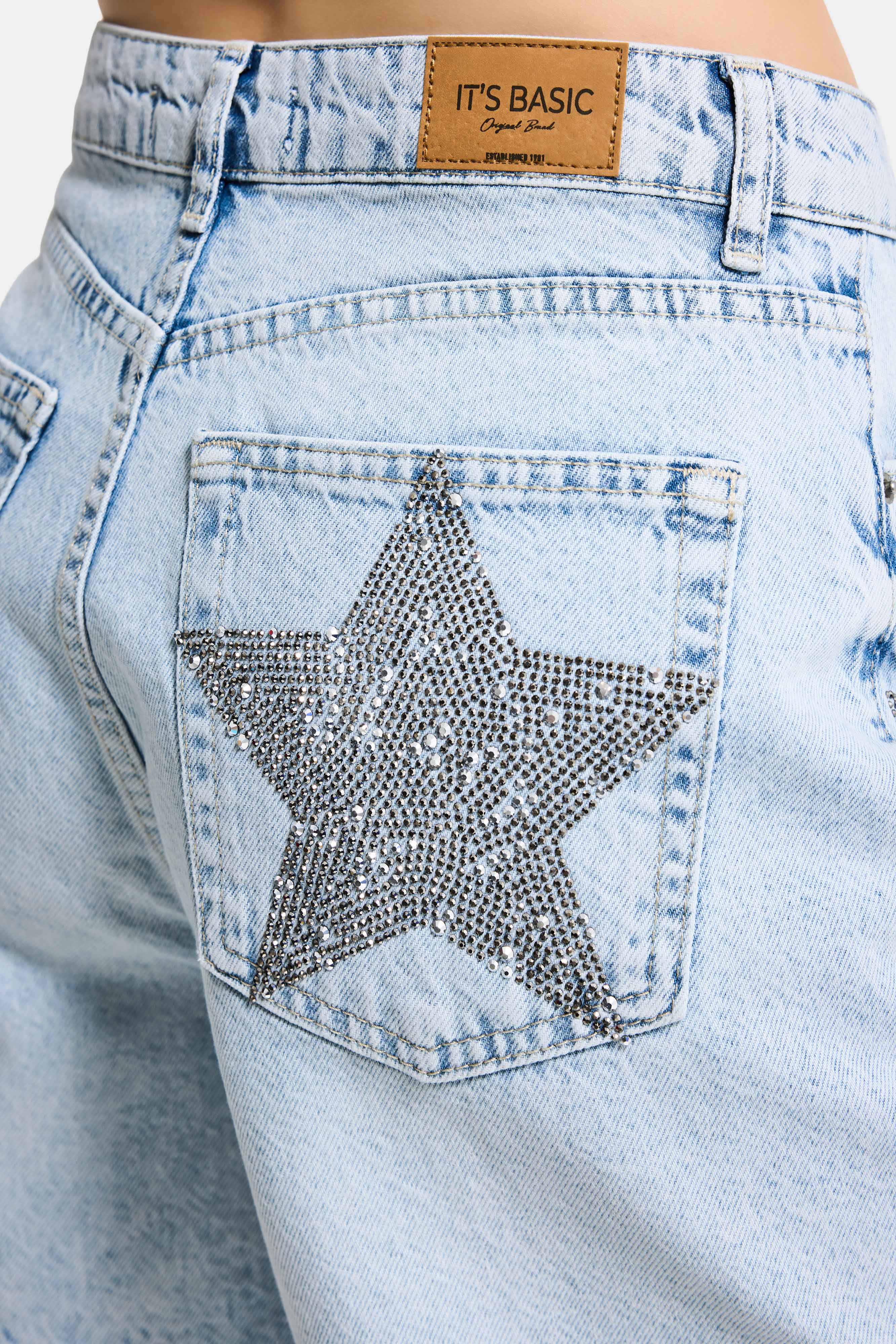 Kadın Kot Rengi T-4s6-3 Mom Fit Midi Boy Parlak Yıldız Taşlı Özel Tasarım Denim Şort
