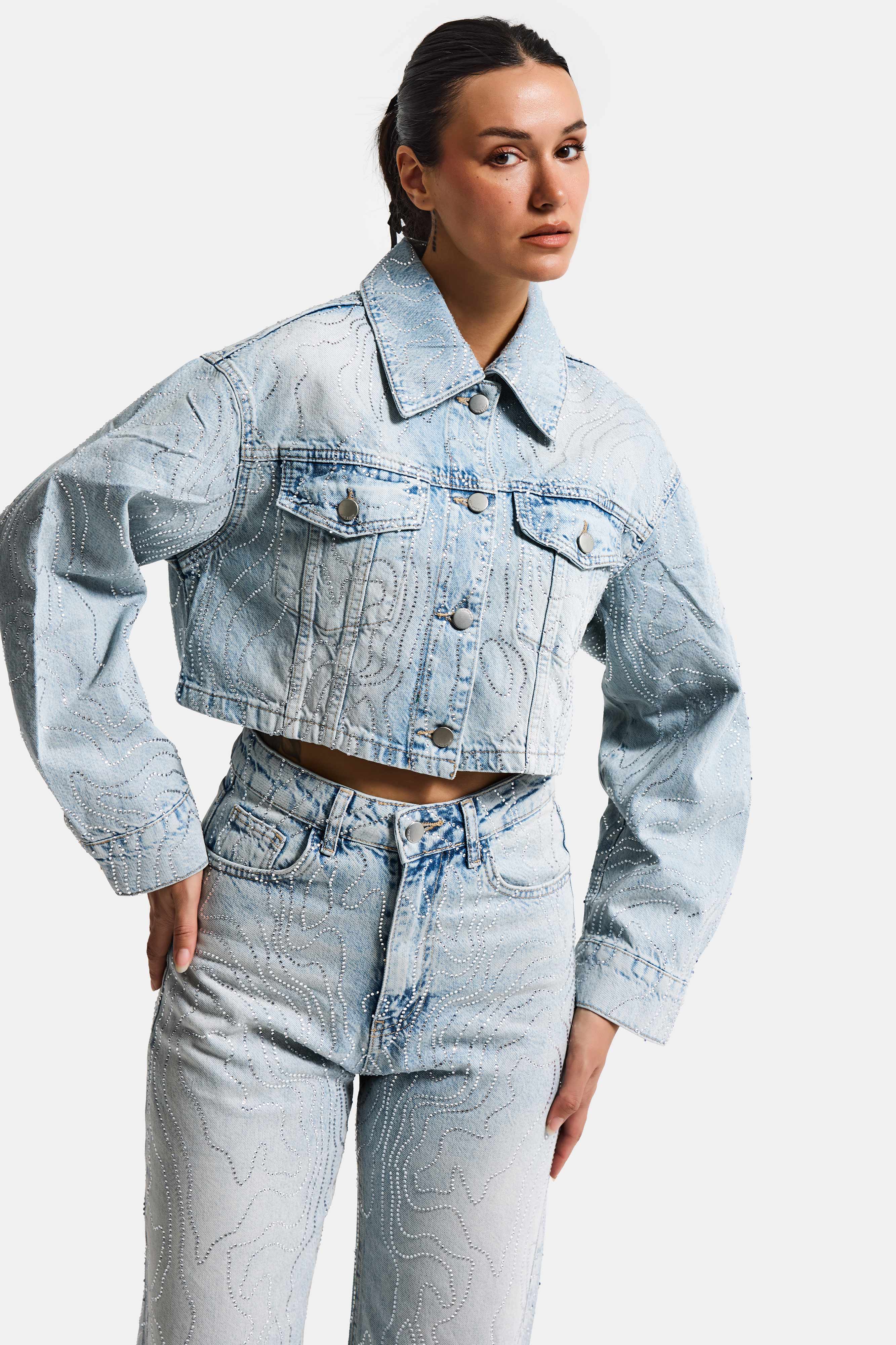 Kadın Kot Rengi T-4s6-32 Crop Fit Taş Detaylı Özel Tasarım Denim Ceket