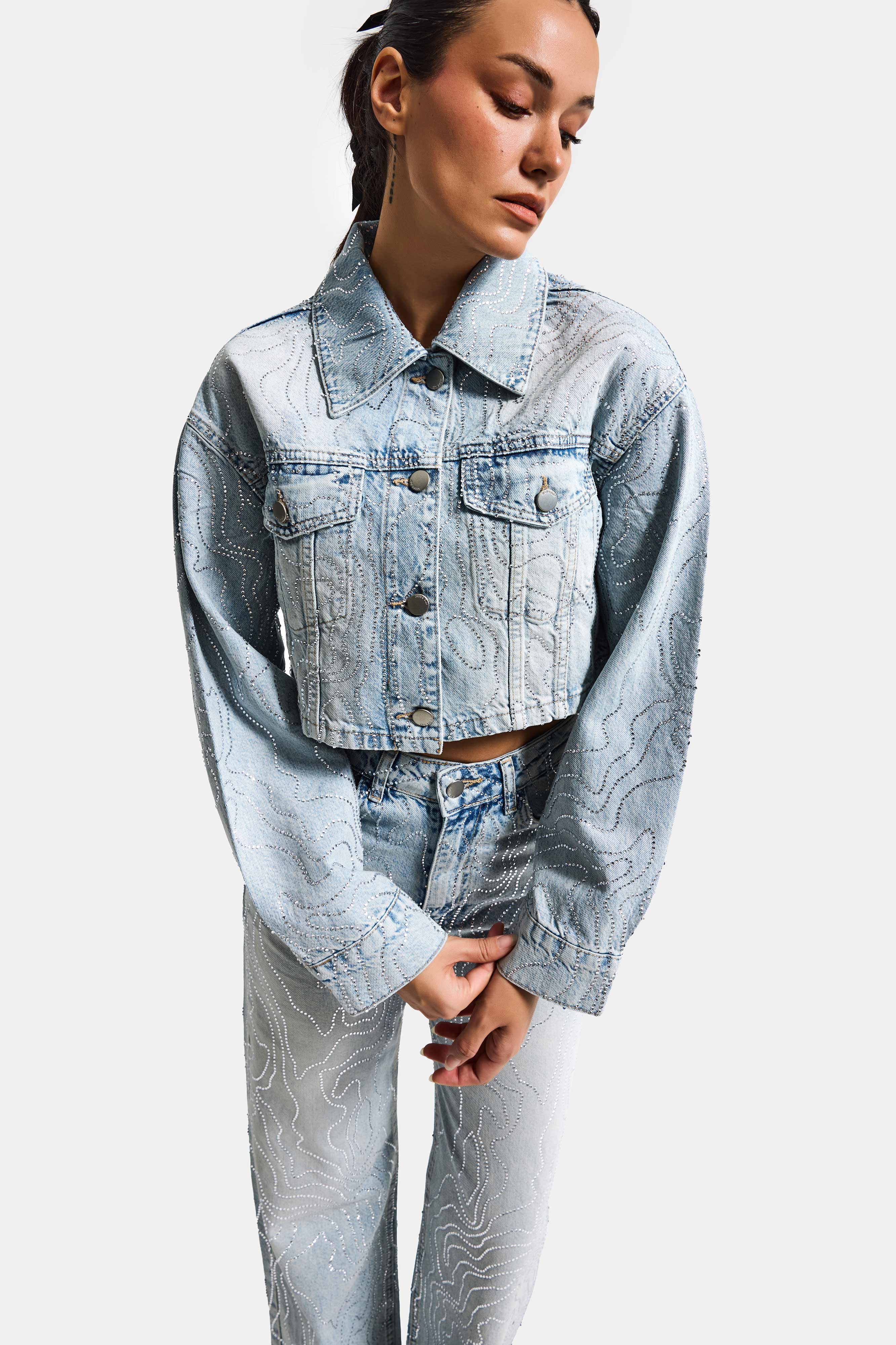 Kadın Kot Rengi T-4s6-32 Crop Fit Taş Detaylı Özel Tasarım Denim Ceket