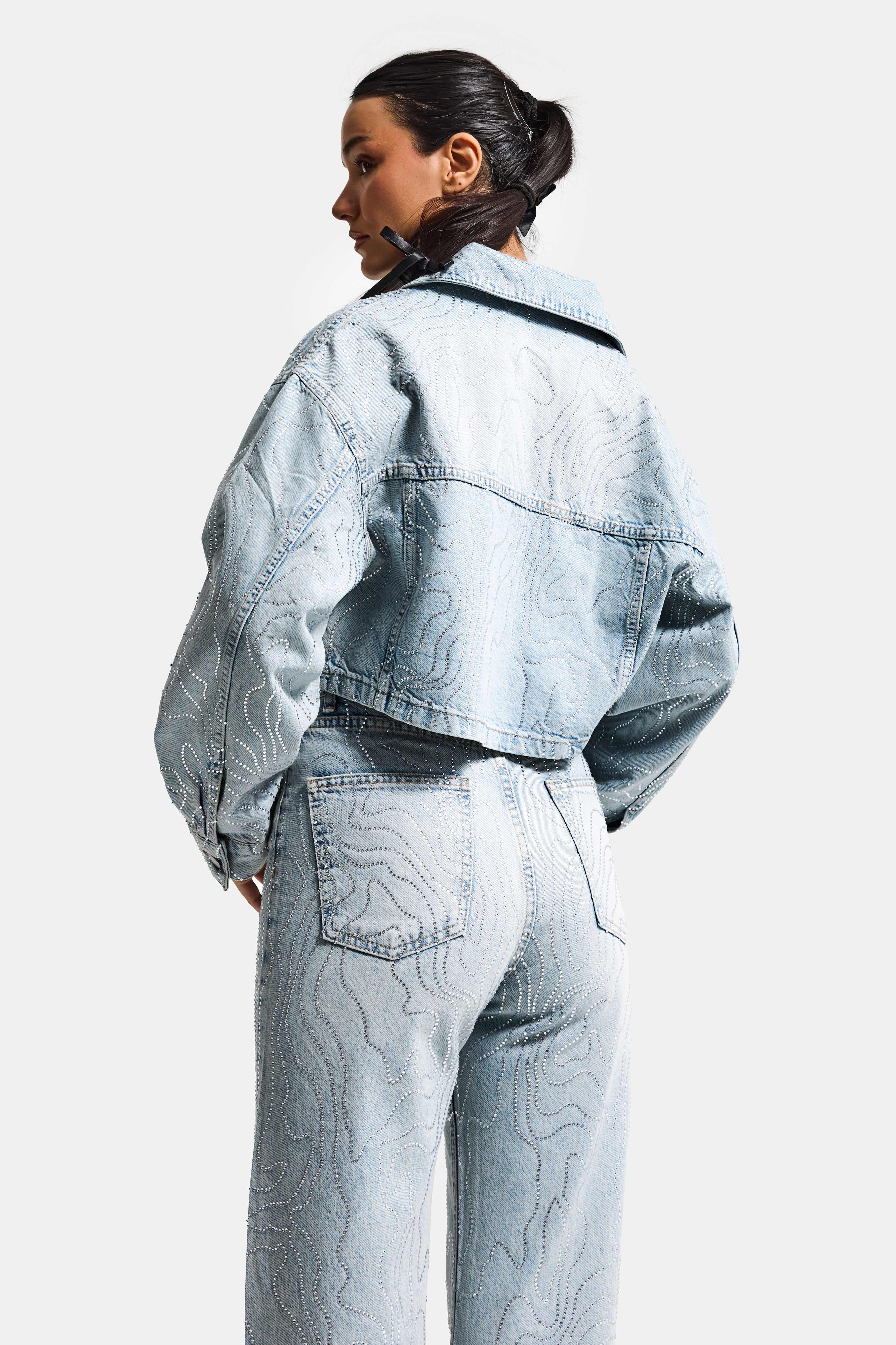 Kadın Kot Rengi T-4s6-32 Crop Fit Taş Detaylı Özel Tasarım Denim Ceket