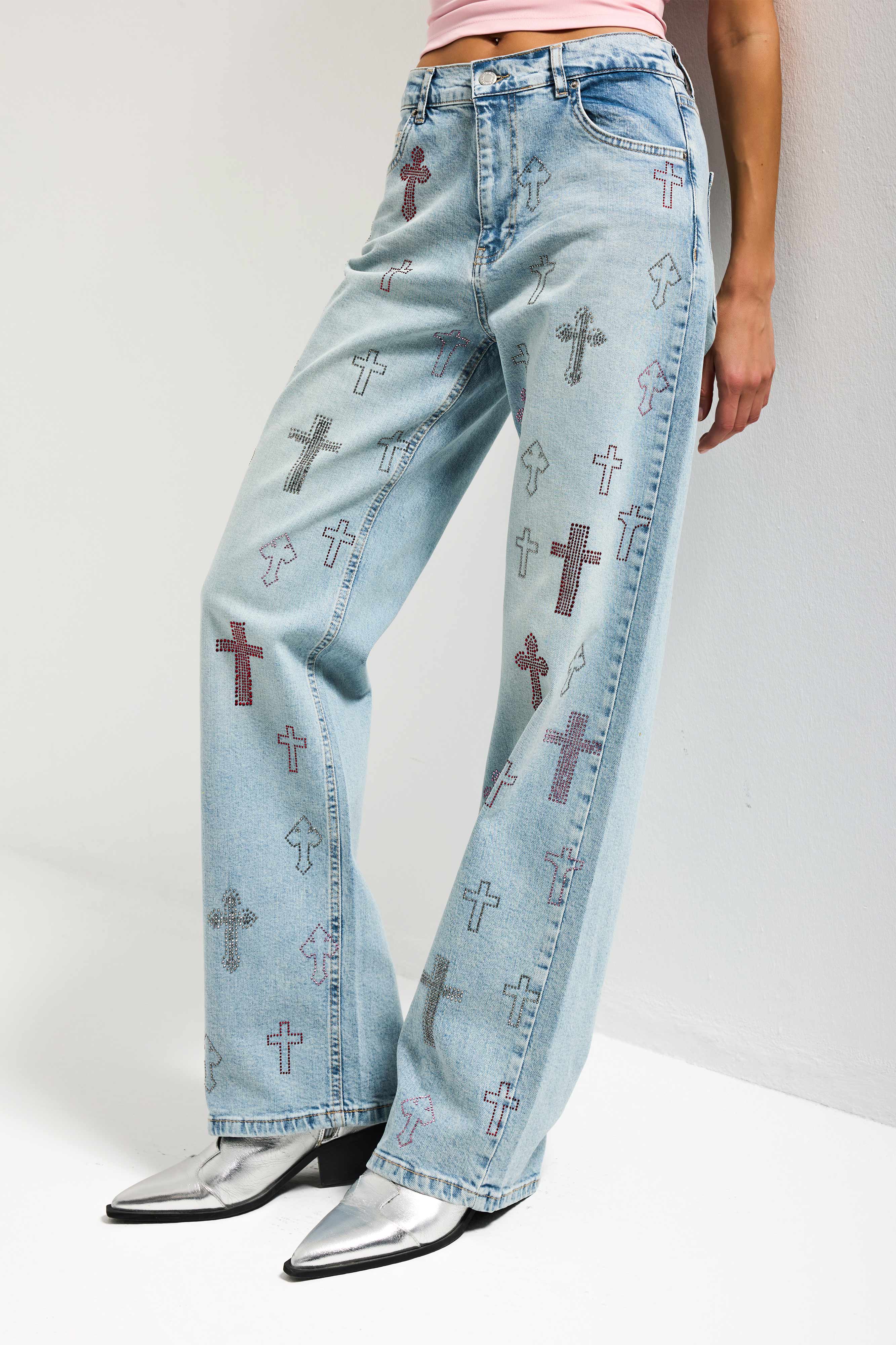 Kadın Kot Rengi T-4s6-32 Özel Parlak Taşlı Elastan Kumaş Tasarım Denim Jean