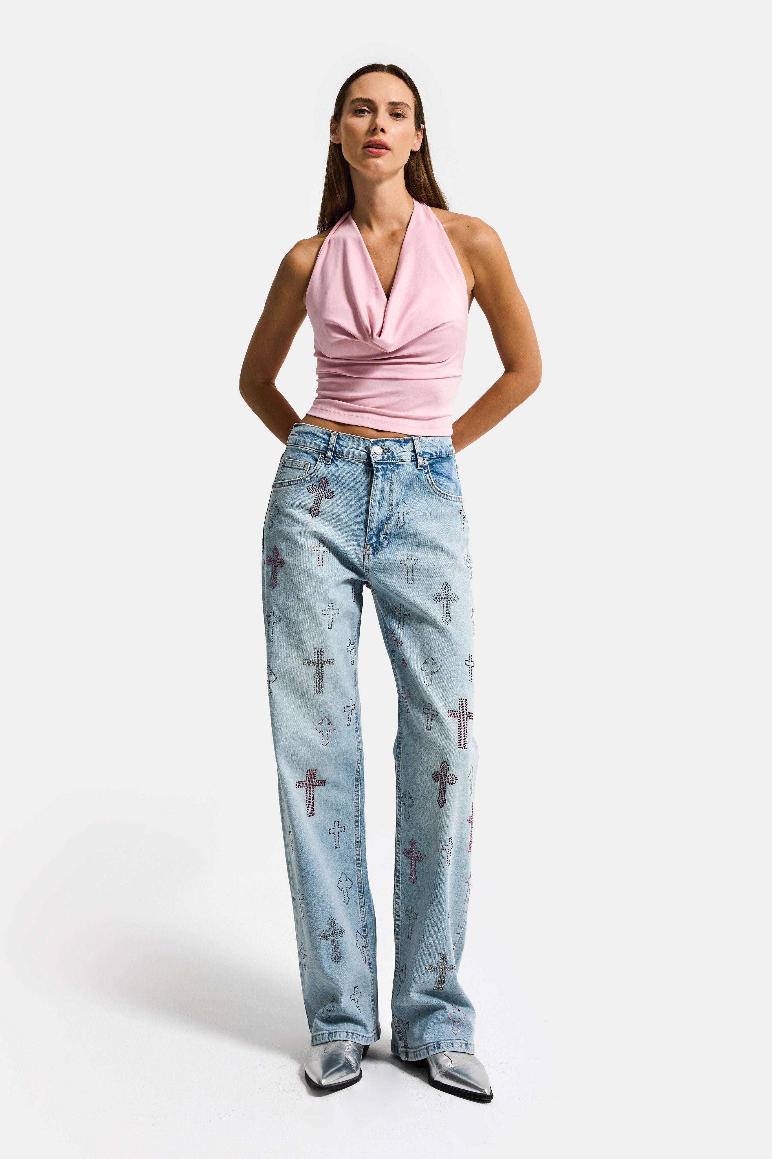 Kadın Kot Rengi T-4s6-32 Özel Parlak Taşlı Elastan Kumaş Tasarım Denim Jean