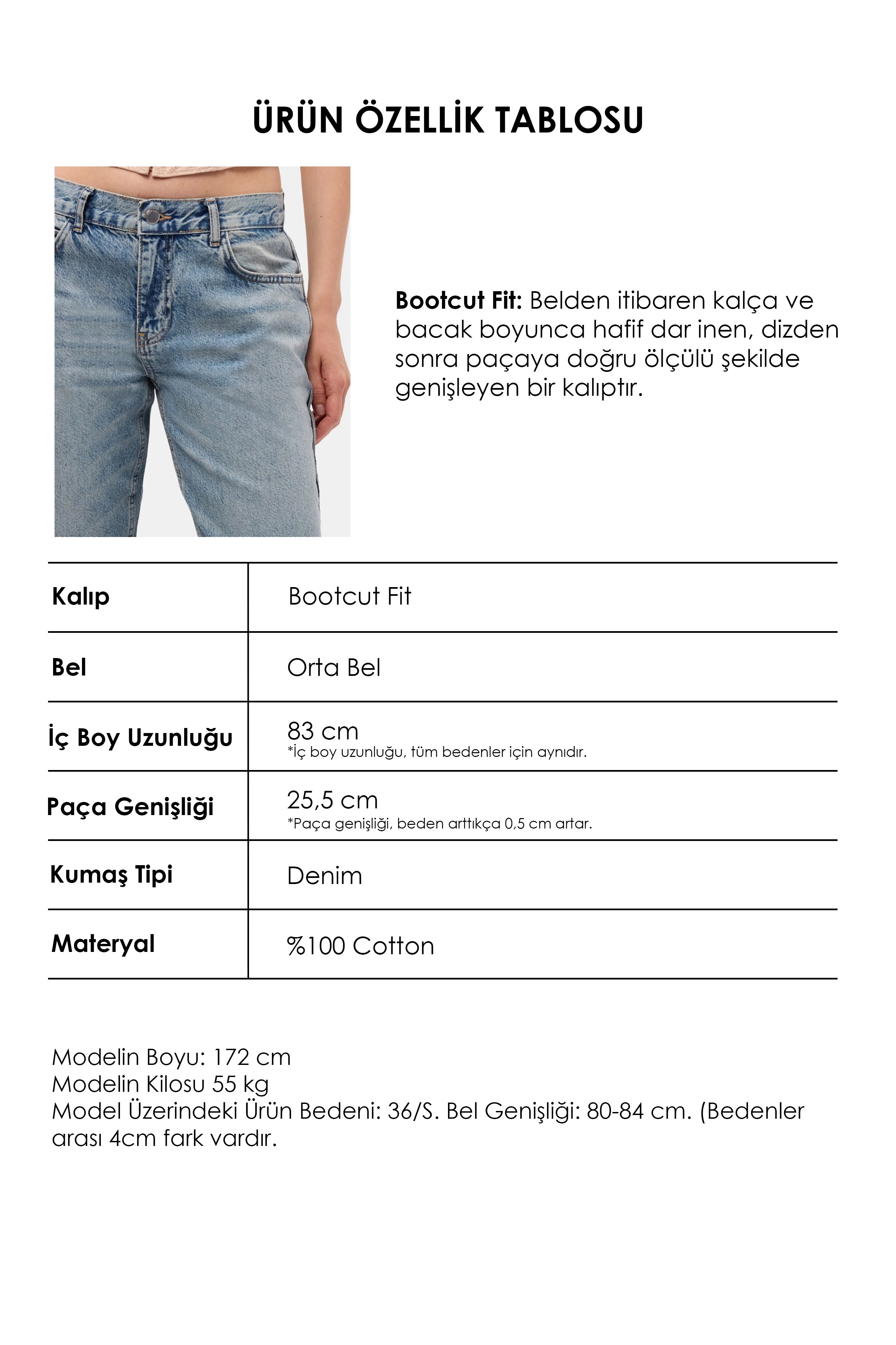 Kadın Kot Renk 4s6-32 Bootcut Fit Orta Bel Denim Jean