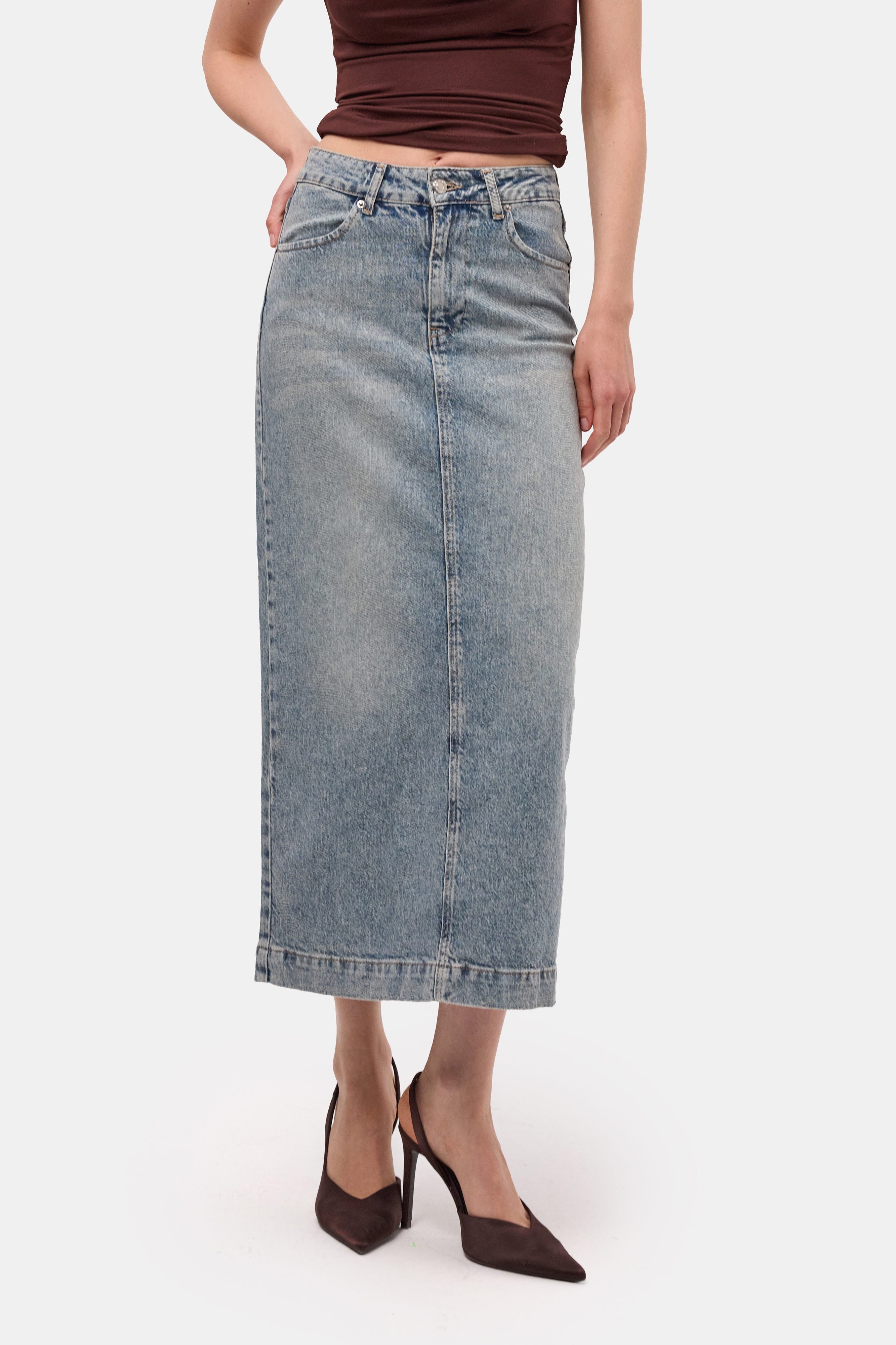 Kadın Kot Renk 4s6-32 Maxi Komfort Kumaş Arkadan Yırtmaçlı Denim Etek