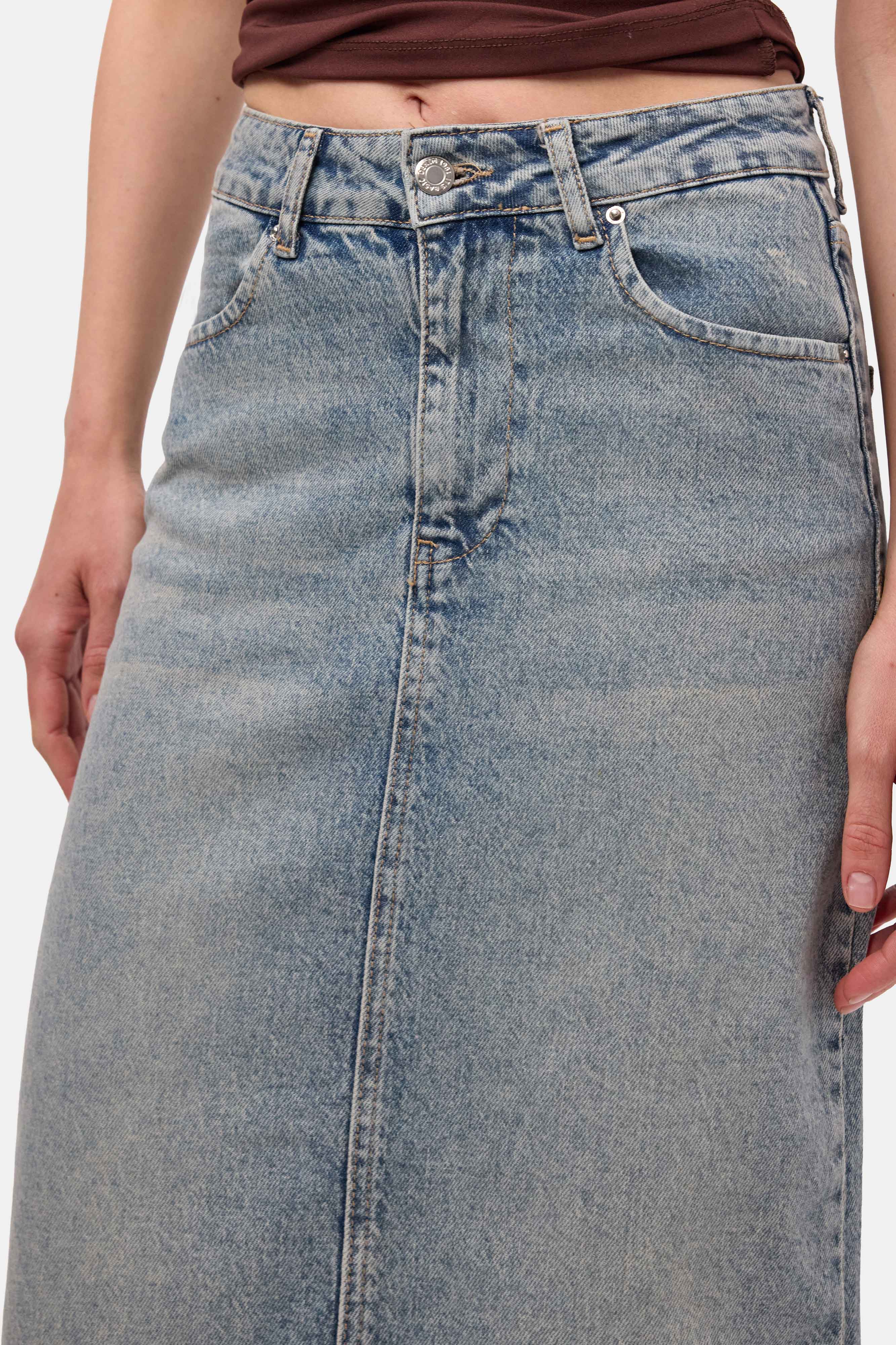 Kadın Kot Renk 4s6-32 Maxi Komfort Kumaş Arkadan Yırtmaçlı Denim Etek