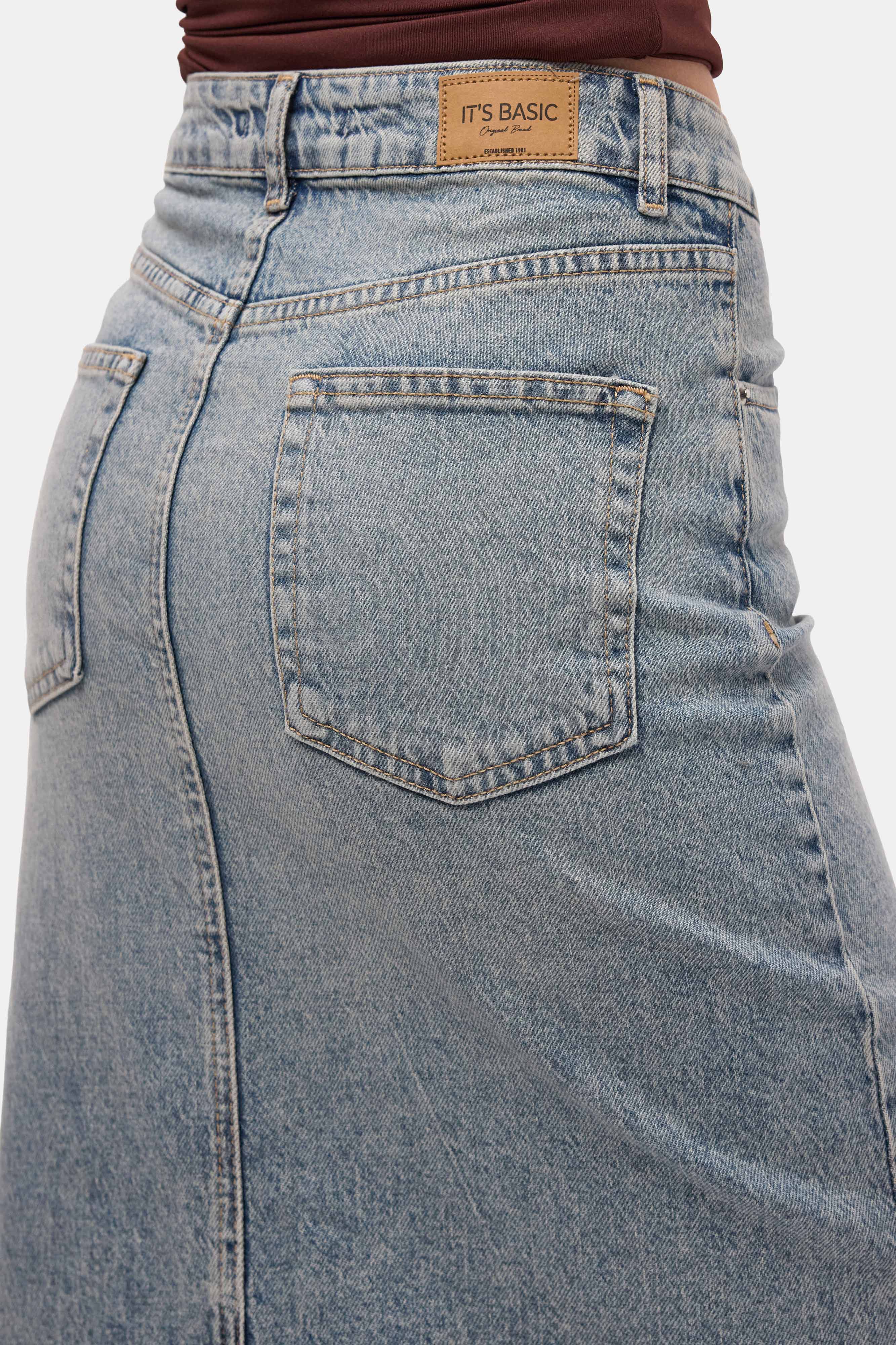 Kadın Kot Renk 4s6-32 Maxi Komfort Kumaş Arkadan Yırtmaçlı Denim Etek