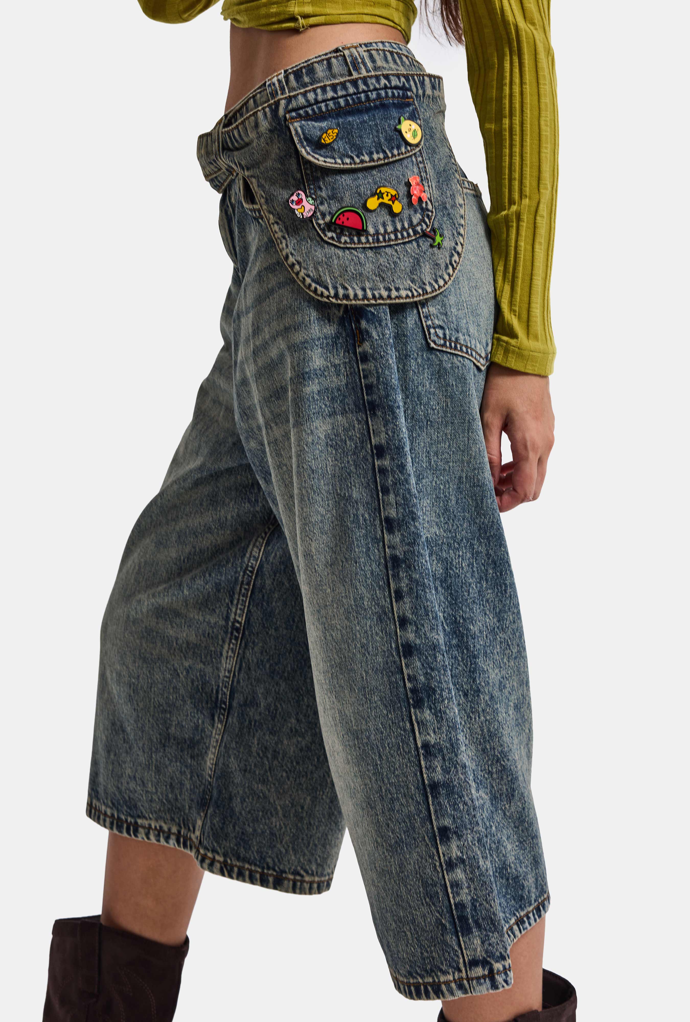 Kadın Kot Renk 4w6-31 Baggy Bermuda Icon Detaylı Tasarım Şortolon