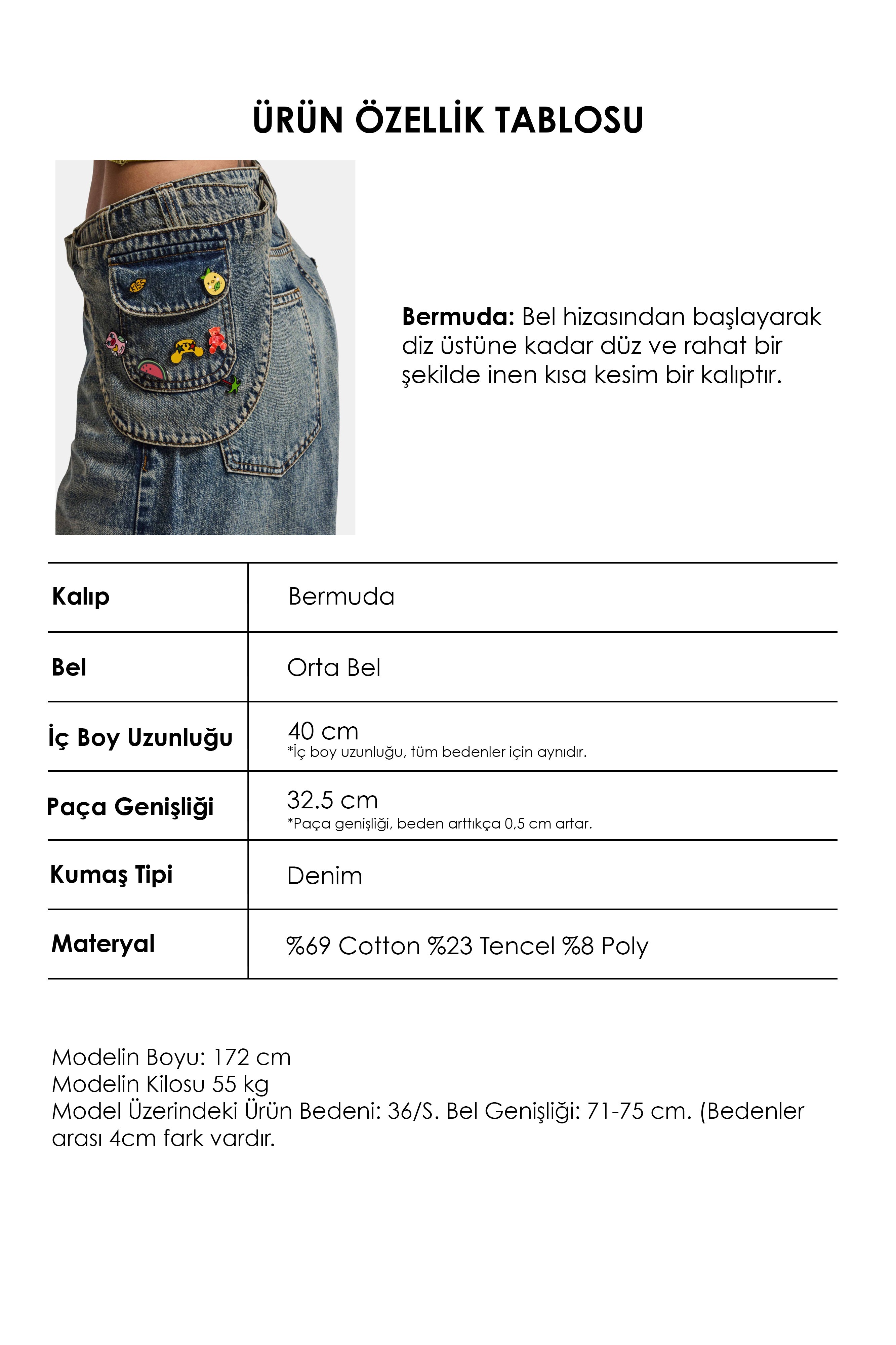Kadın Kot Renk 4w6-31 Baggy Bermuda Icon Detaylı Tasarım Şortolon
