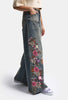 Kadın Kot Renk 4w6-8 Palazzo Fit Nakış ve 3D Gül Detaylı Özel Tasarım Denim Jean