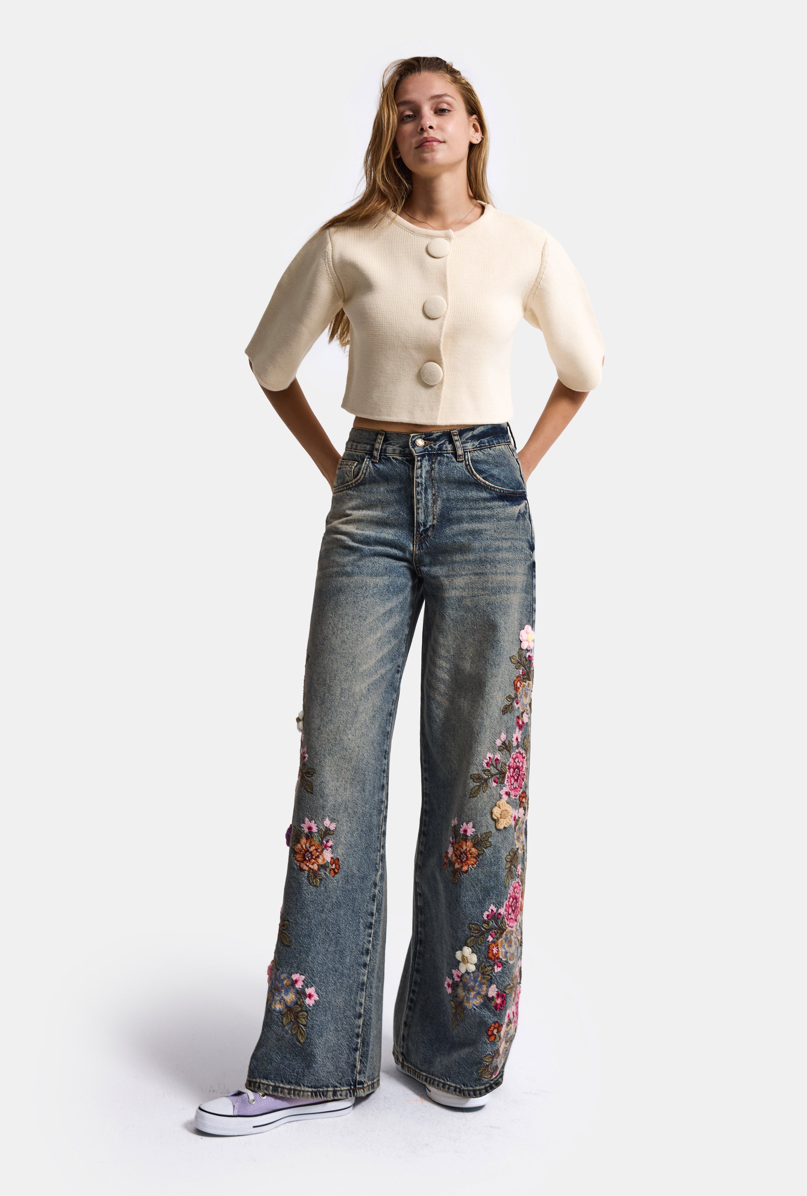 Kadın Kot Renk 4w6-8 Palazzo Fit Nakış ve 3D Gül Detaylı Özel Tasarım Denim Jean