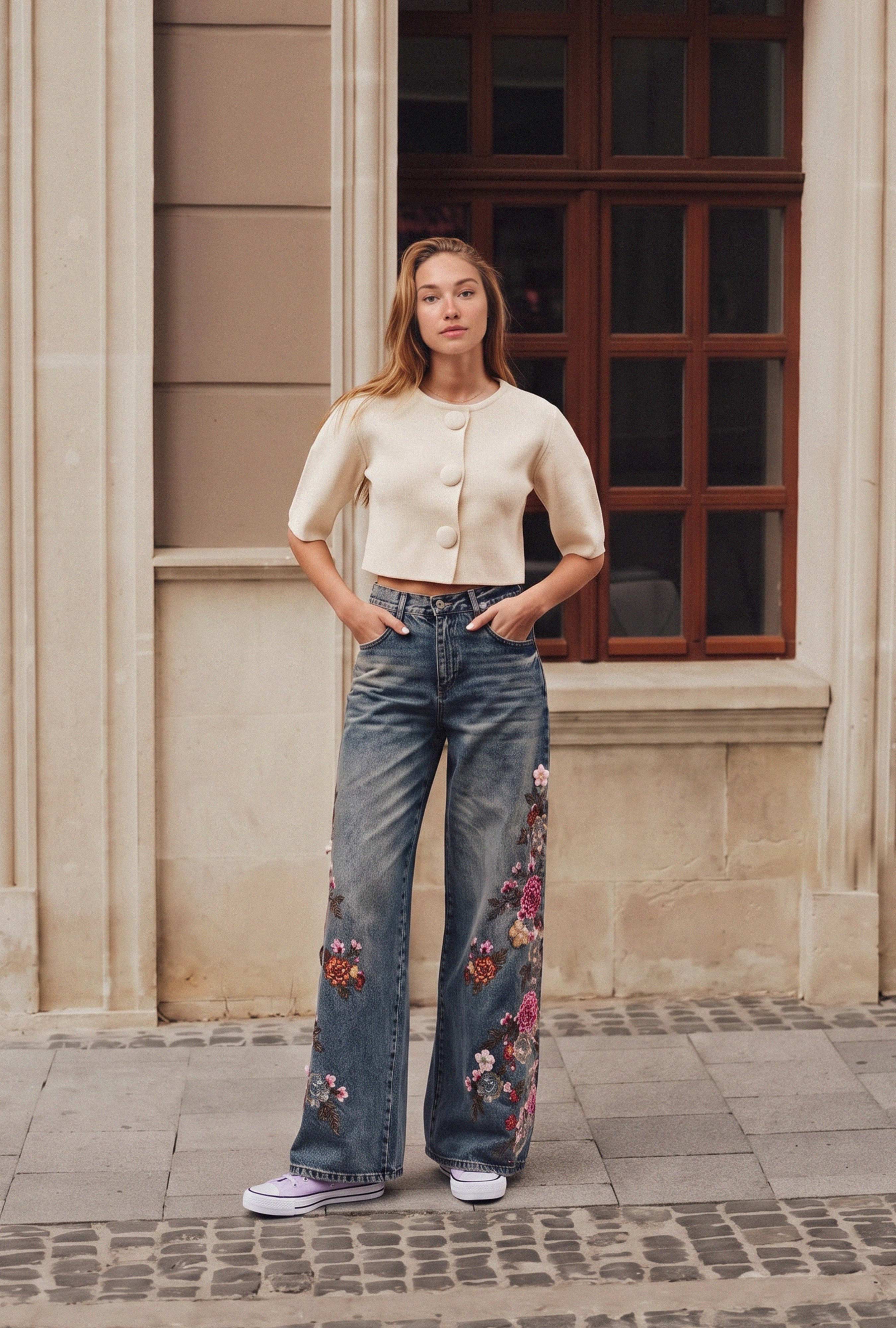 Kadın Kot Renk 4w6-8 Palazzo Fit Nakış ve 3D Gül Detaylı Özel Tasarım Denim Jean