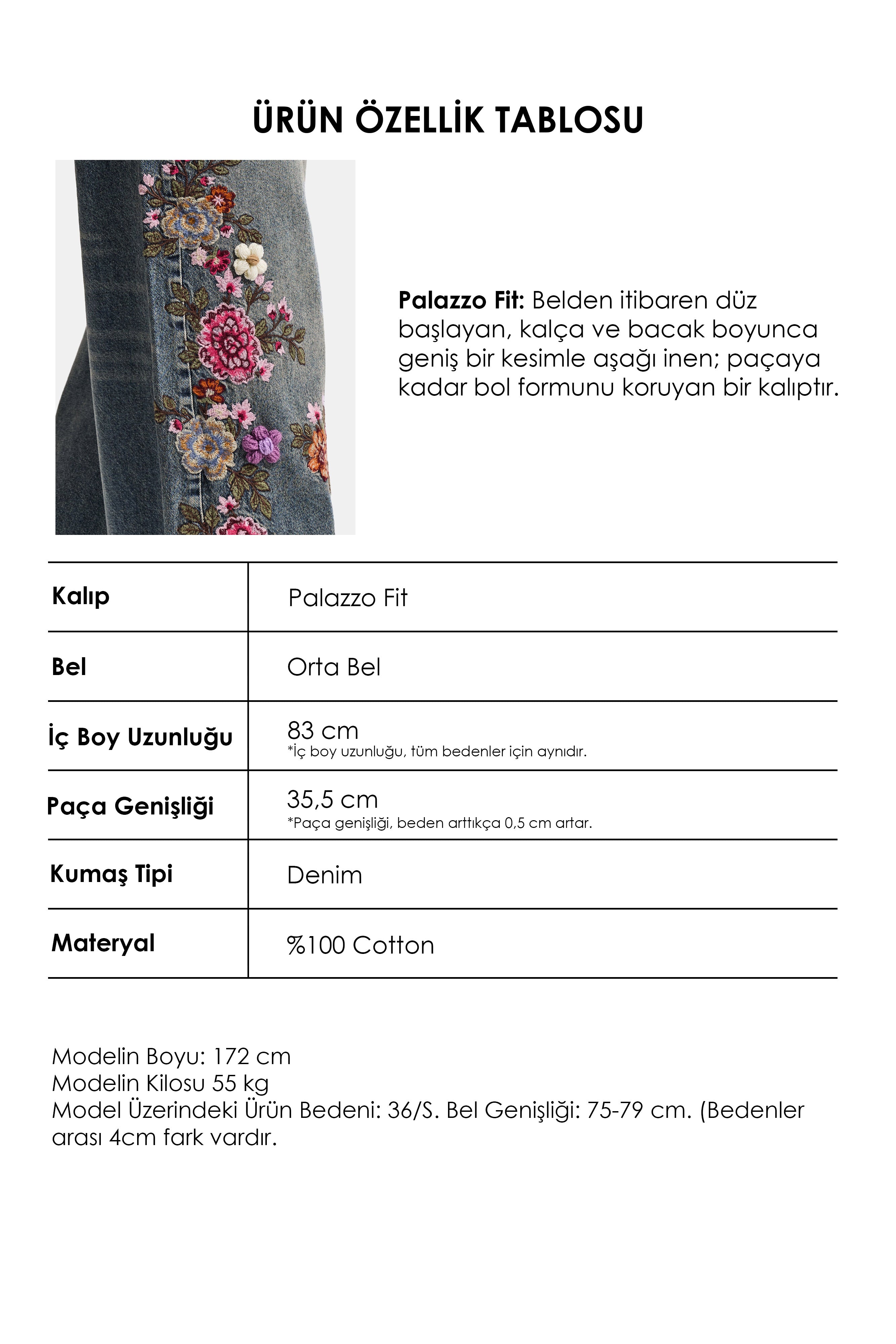 Kadın Kot Renk 4w6-8 Palazzo Fit Nakış ve 3D Gül Detaylı Özel Tasarım Denim Jean