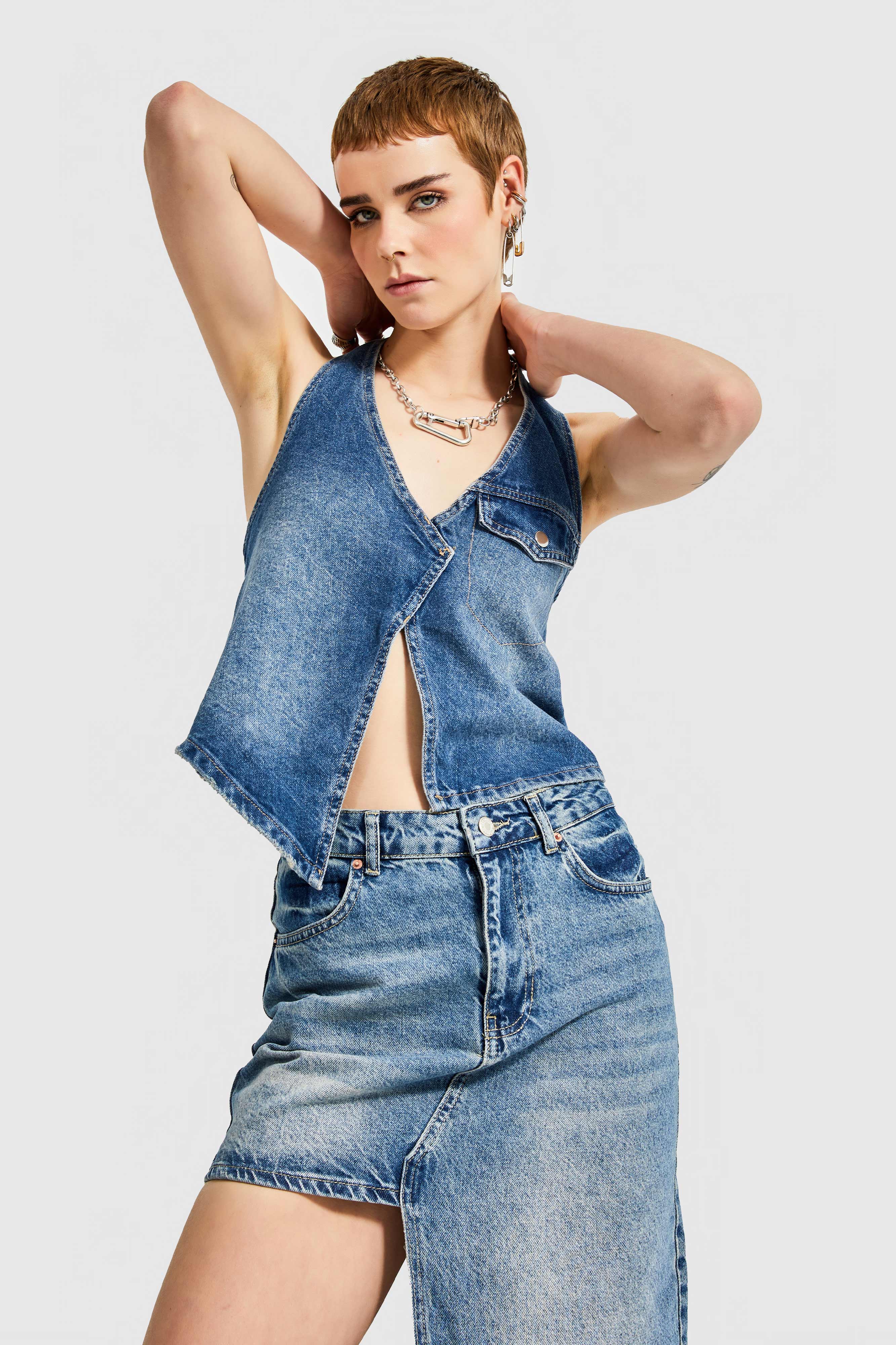 Women's Denim Tint Color Backless Denim Vest