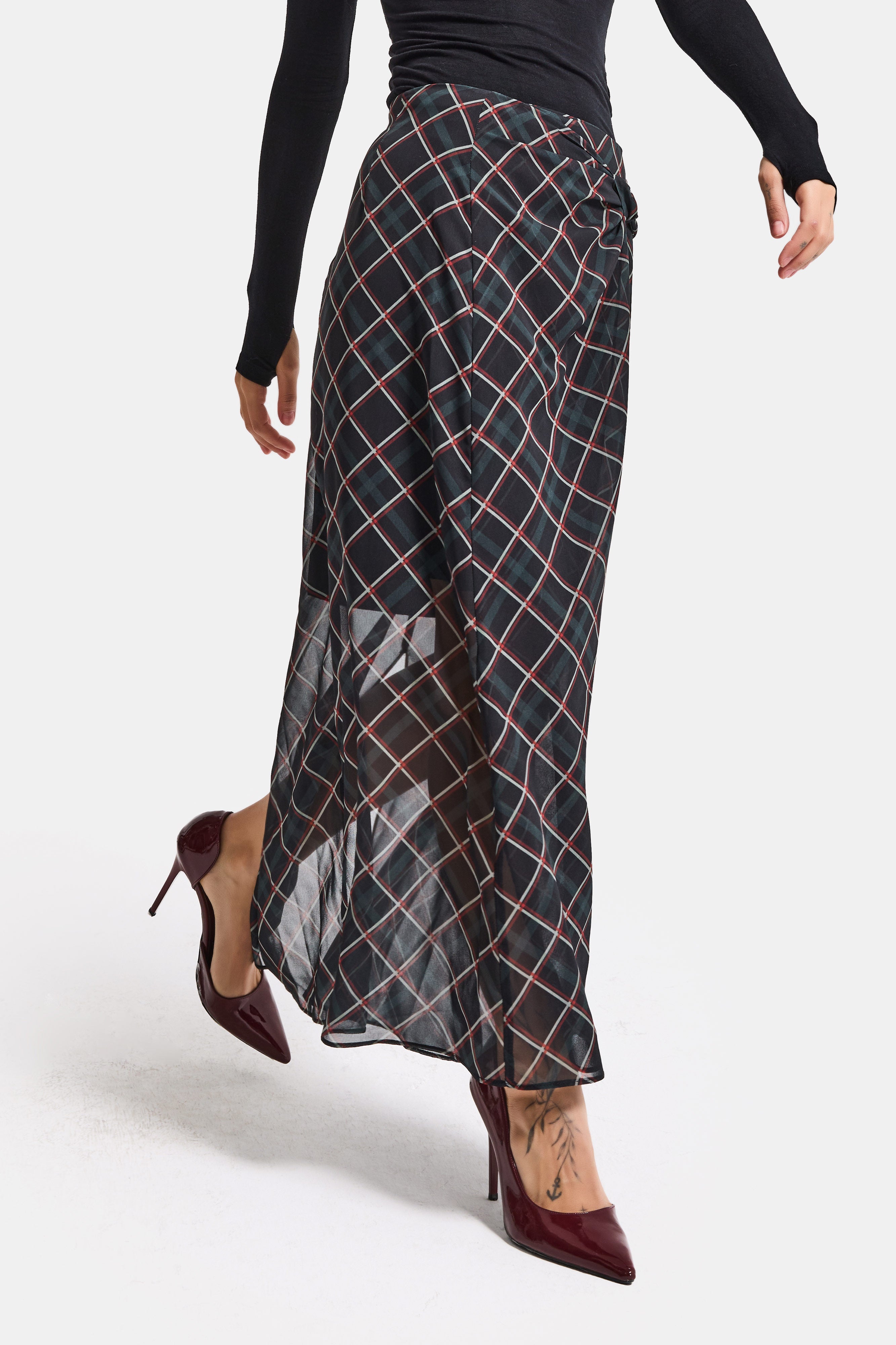 Kadın Koyu Ekose s6-1 Maxi Boy Kemer Detaylı Saten Etek