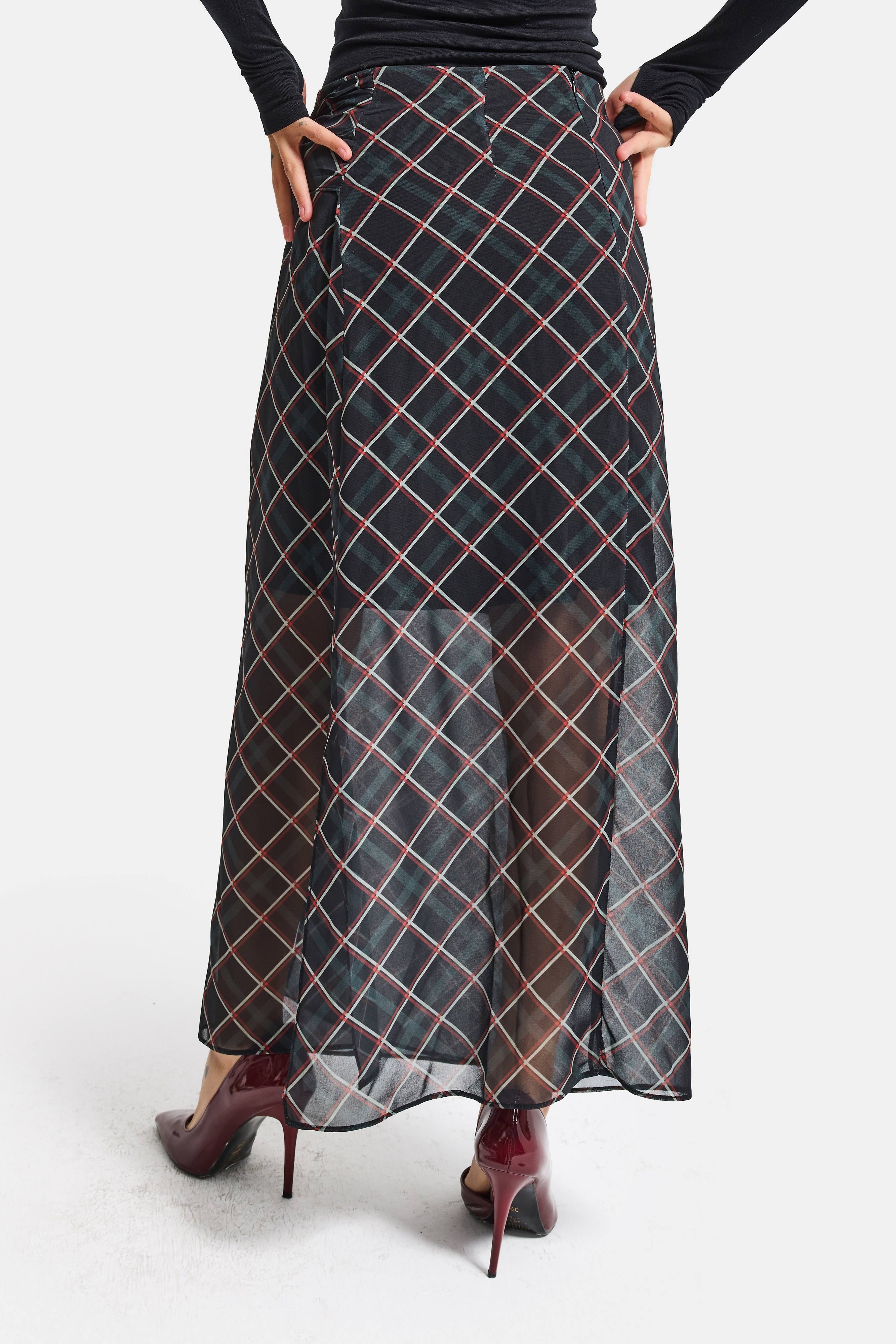 Kadın Koyu Ekose s6-1 Maxi Boy Kemer Detaylı Saten Etek