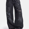 Kadın Koyu Füme 10s6-1 Süper Baggy Kemer ve Yırtık Detaylı Özel Tasarım Denim Jean
