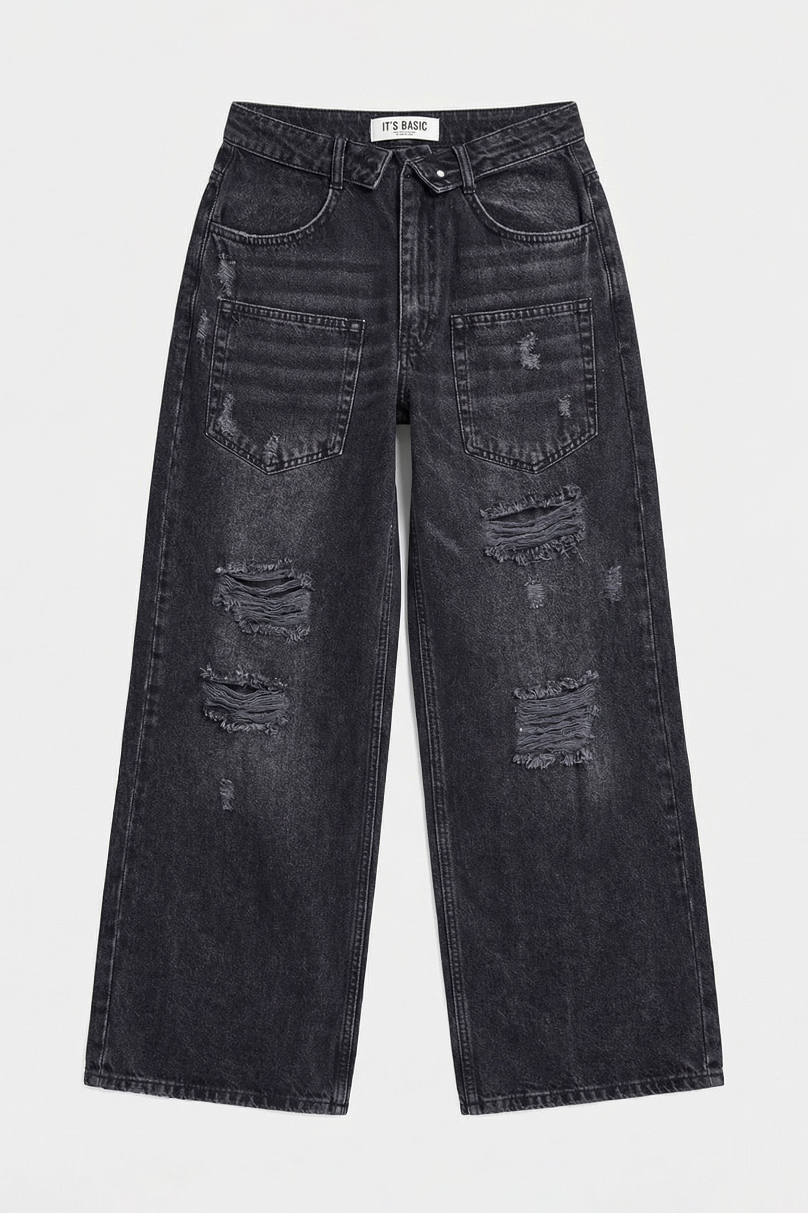 Kadın Koyu Füme 10s6-1 Süper Baggy Kemer ve Yırtık Detaylı Özel Tasarım Denim Jean