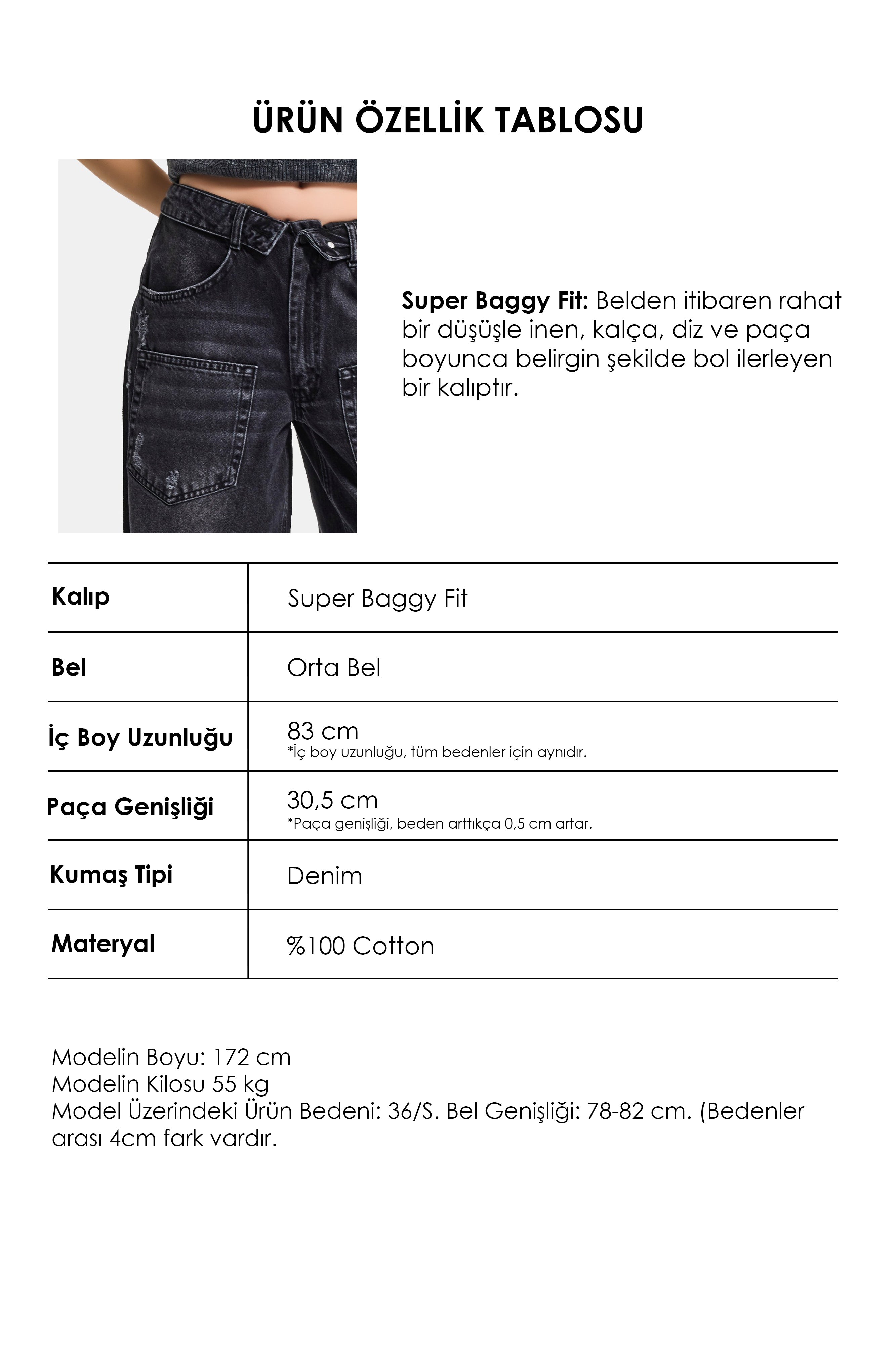 Kadın Koyu Füme 10s6-1 Süper Baggy Kemer ve Yırtık Detaylı Özel Tasarım Denim Jean