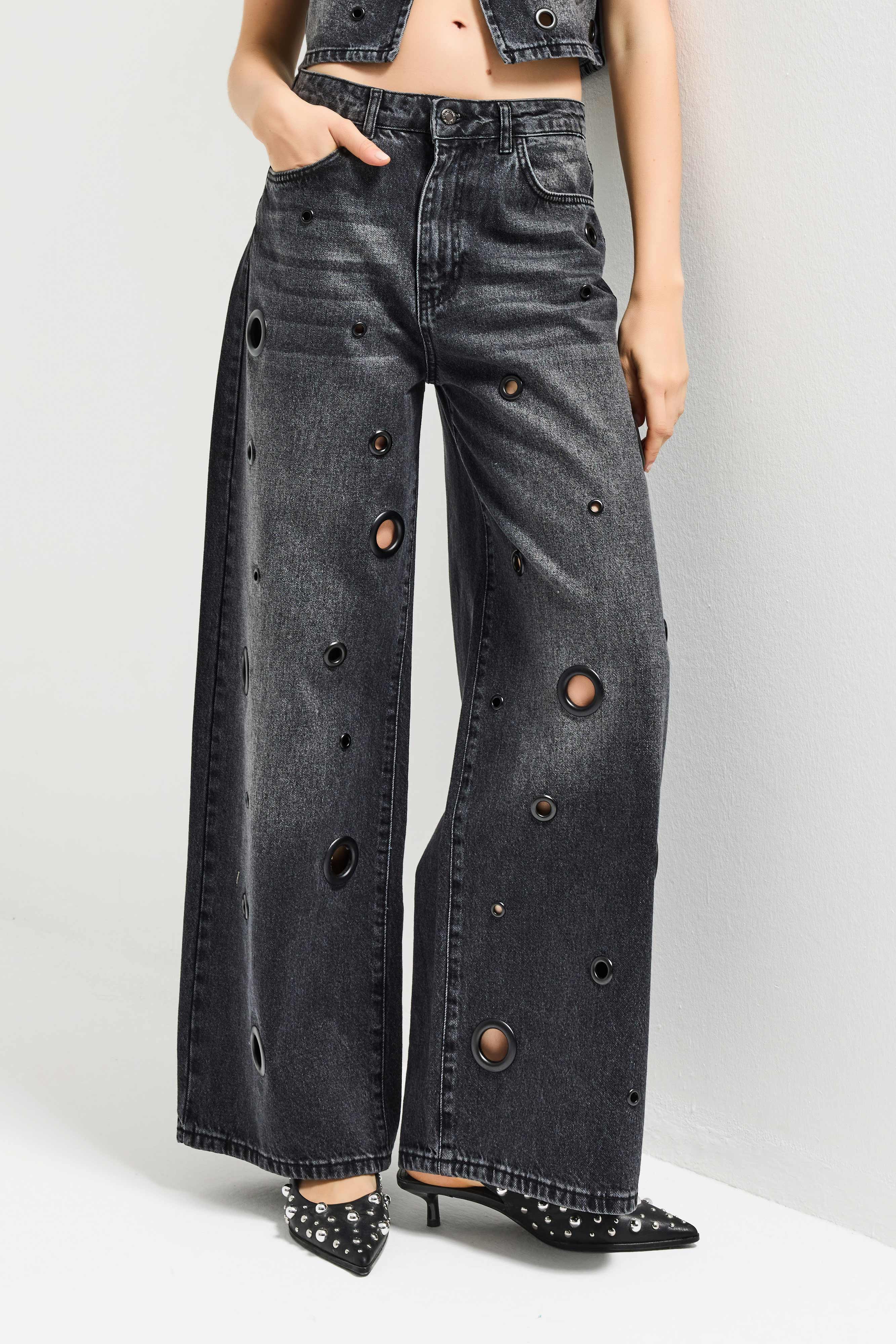 Kadın Koyu Füme 2s6-1 Baggy Fit Kuş Gözü Tasarım Denim Jean