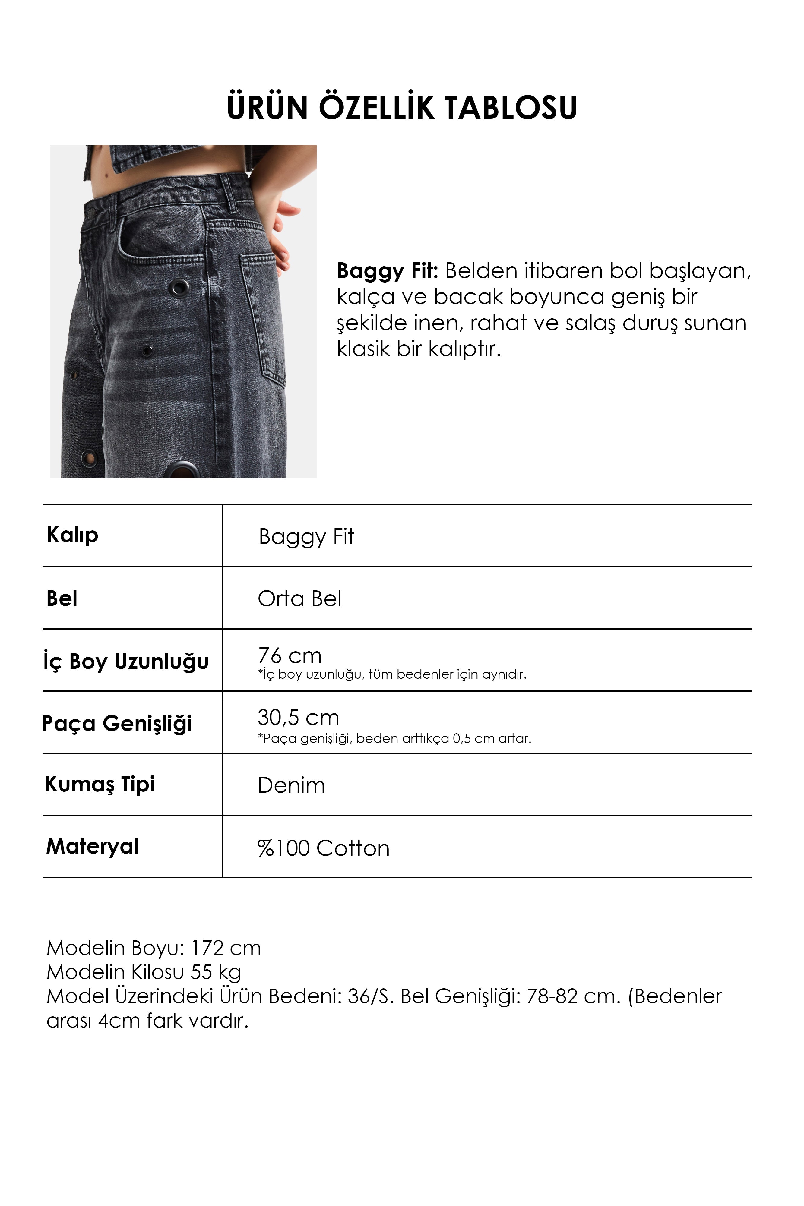 Kadın Koyu Füme 2s6-1 Baggy Fit Kuş Gözü Tasarım Denim Jean