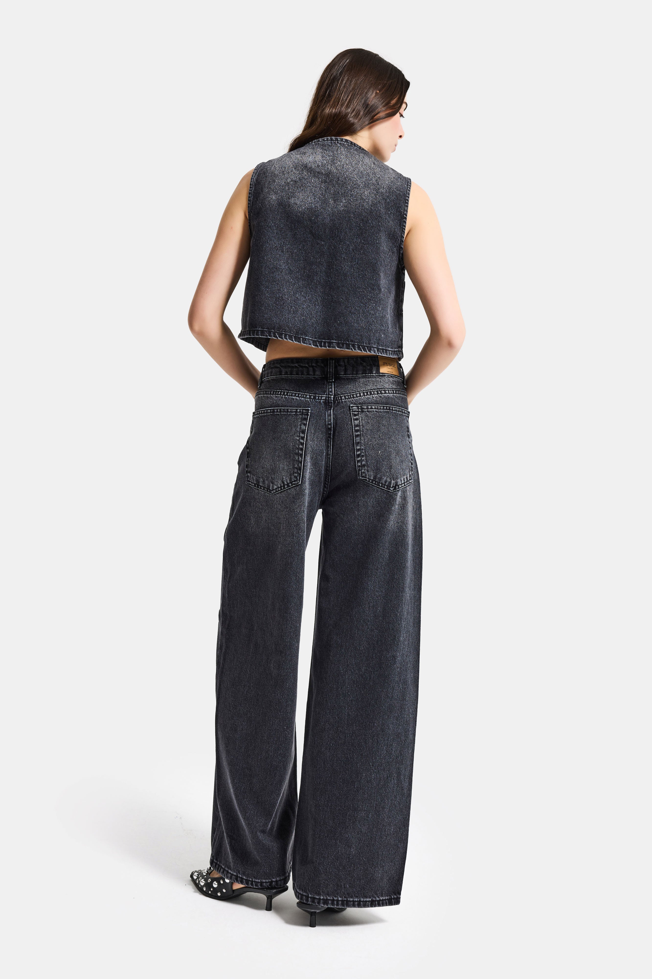 Kadın Koyu Füme 2s6-1 Baggy Fit Kuş Gözü Tasarım Denim Jean