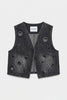 Kadın Koyu Füme 2s6-1 Crop Fit Kuş Gözlü Tasarım Denim Yelek
