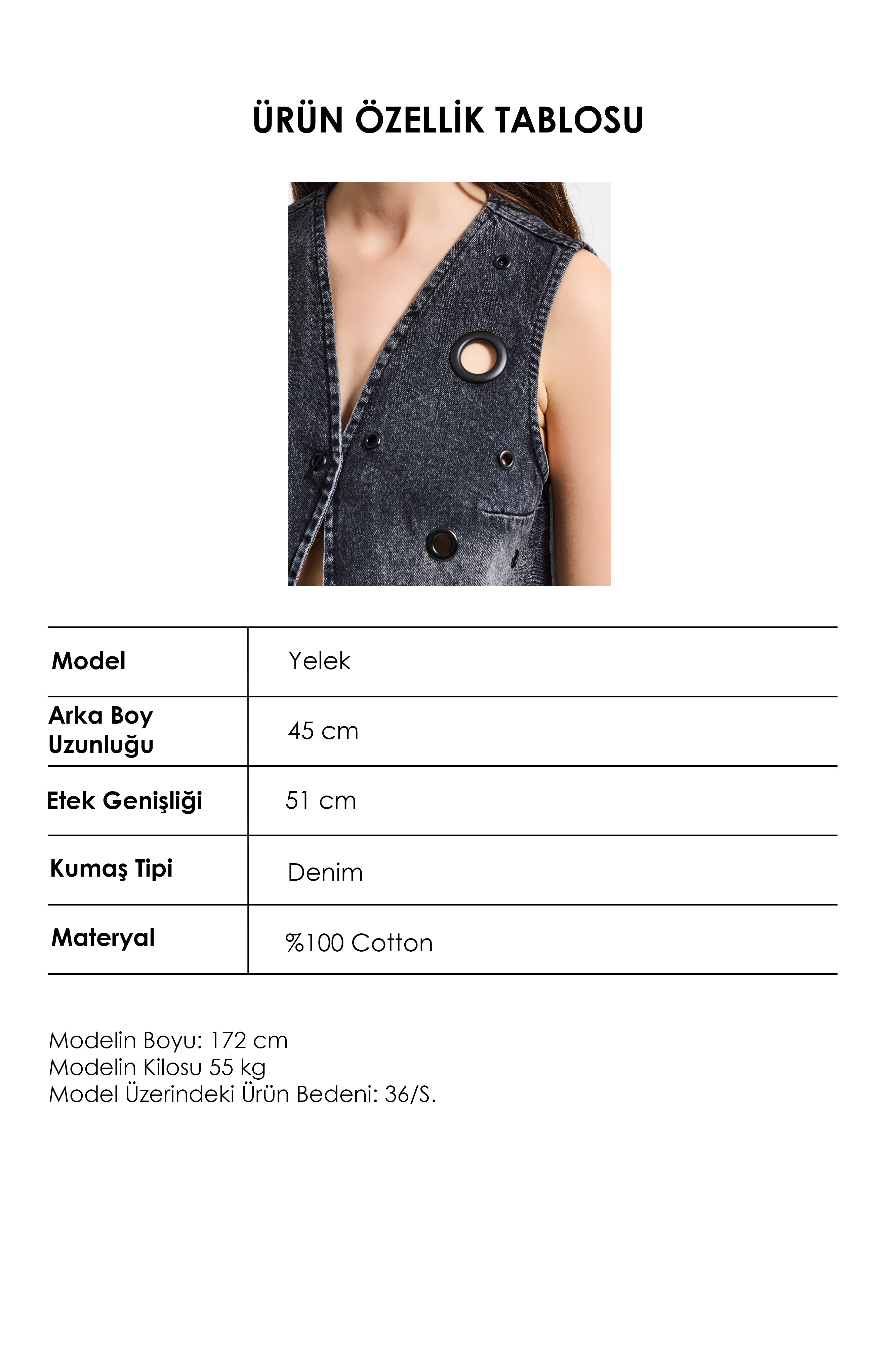 Kadın Koyu Füme 2s6-1 Crop Fit Kuş Gözlü Tasarım Denim Yelek