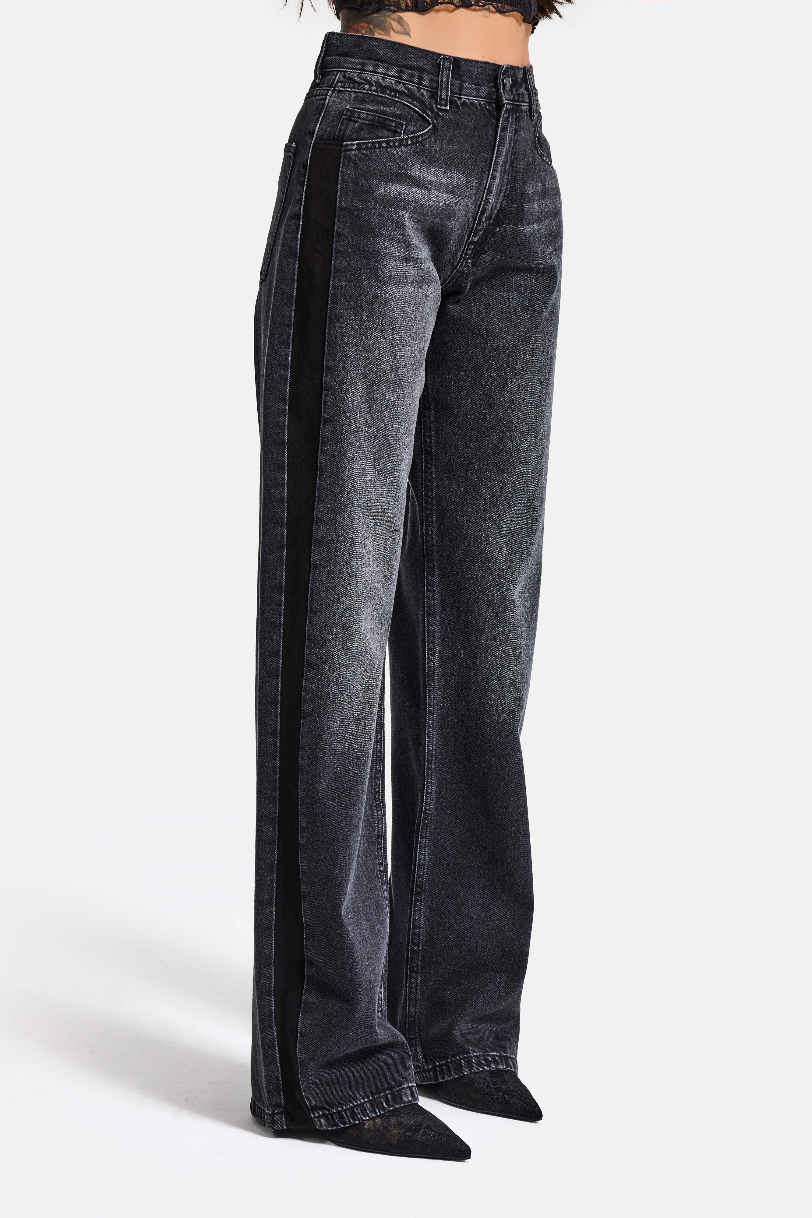 Kadın Koyu Füme 2s6-1 Loose Fit Yandan Süet Şeritli Tasarım Denim Jean