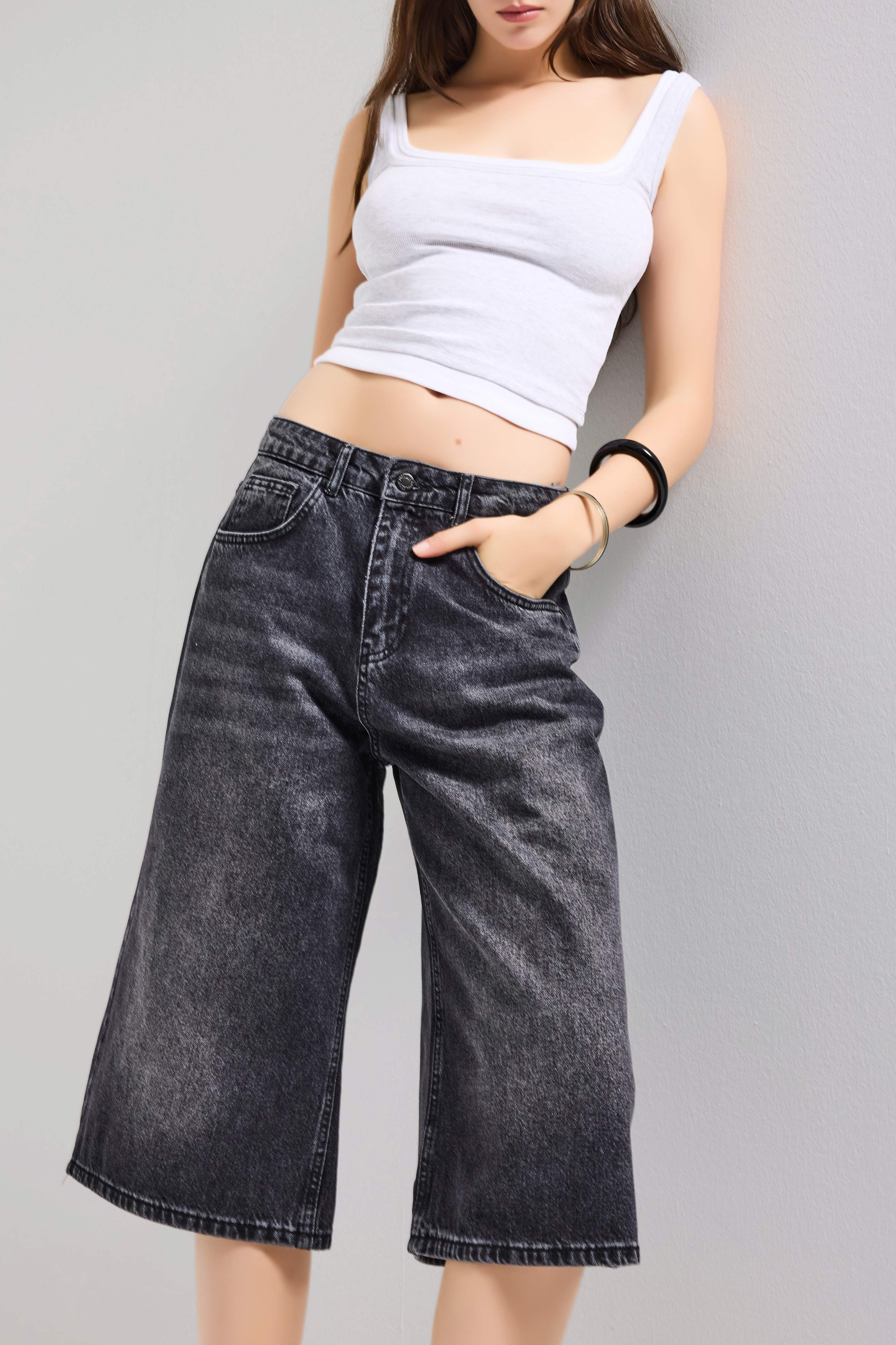 Kadın Koyu Füme 2s6-1 Maxi Süper Baggy Fit Bermuda Denim Şort