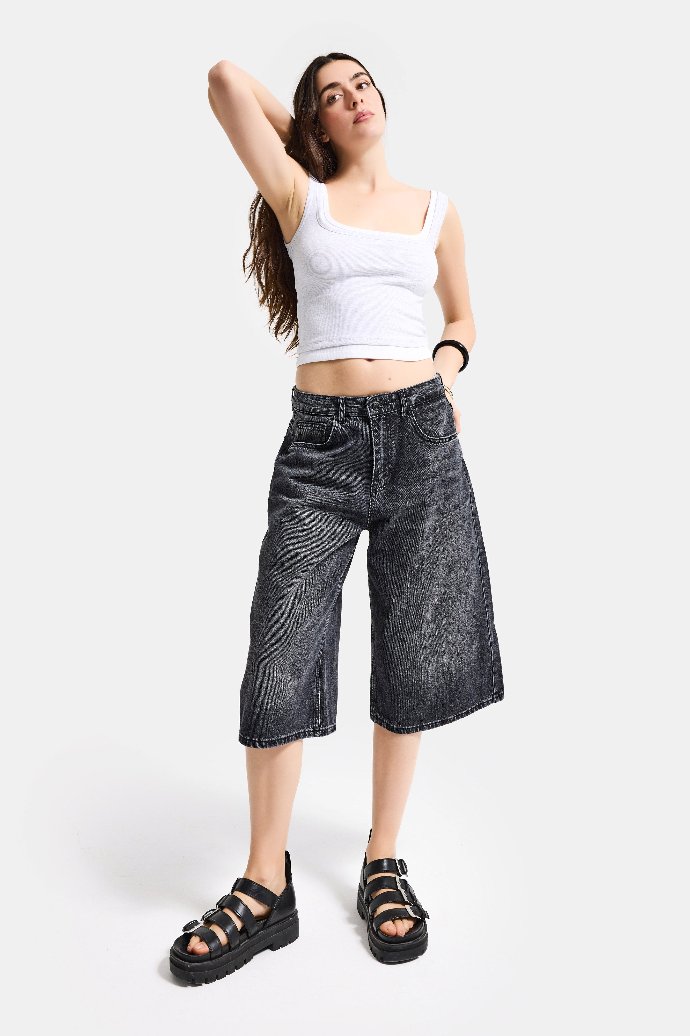 Kadın Koyu Füme 2s6-1 Maxi Süper Baggy Fit Bermuda Denim Şort