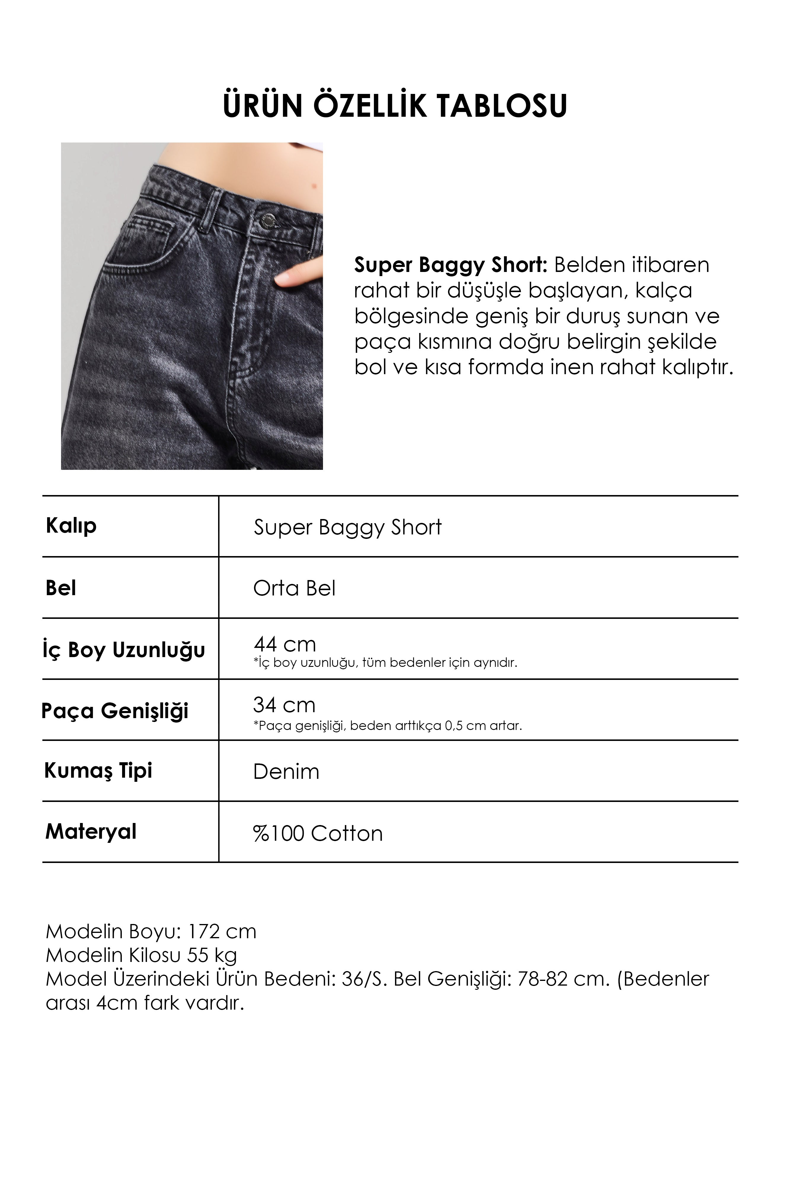 Kadın Koyu Füme 2s6-1 Maxi Süper Baggy Fit Bermuda Denim Şort