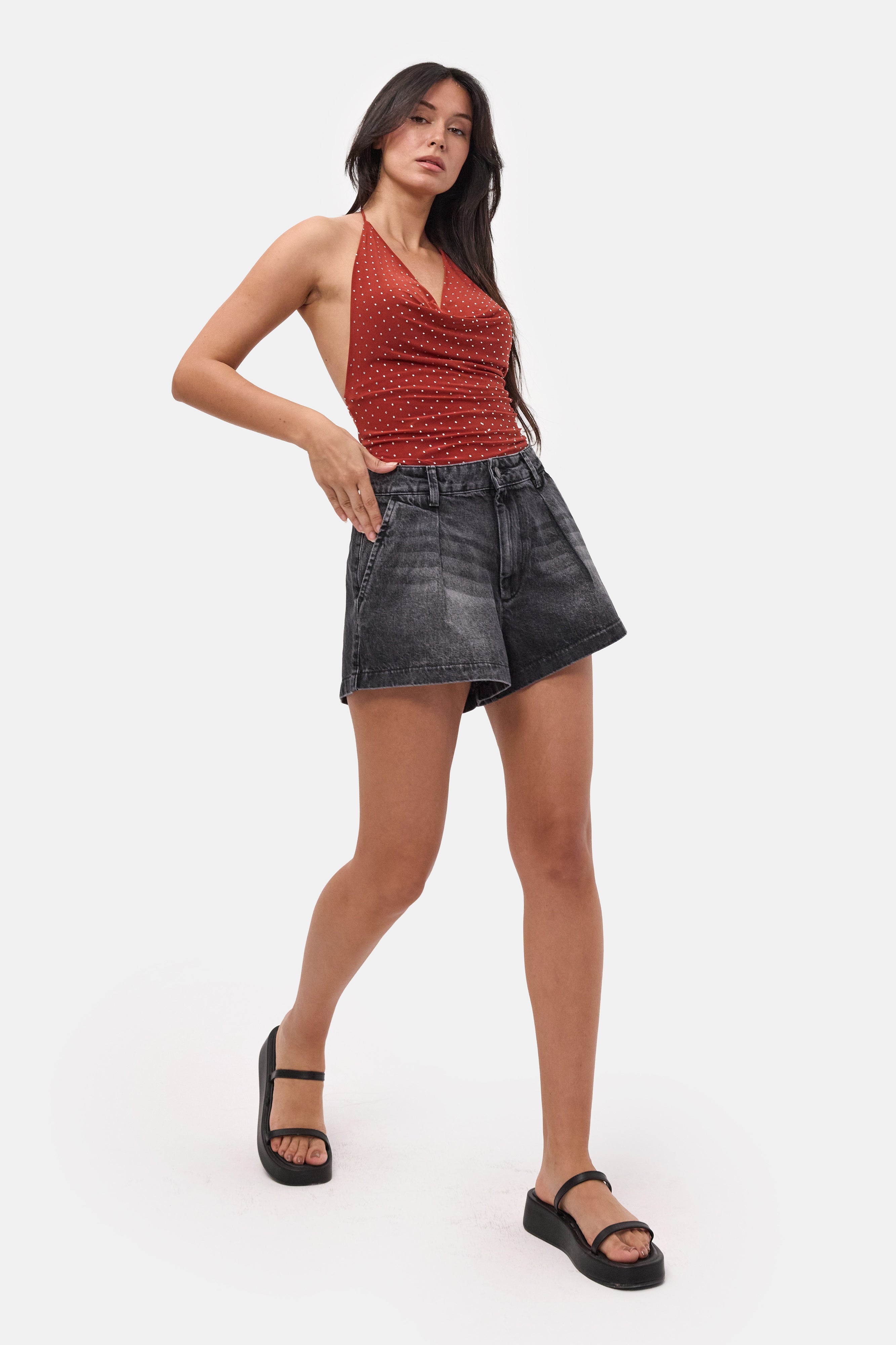 Kadın Koyu Füme 2s6-1 Mini Pileli Denim Şort