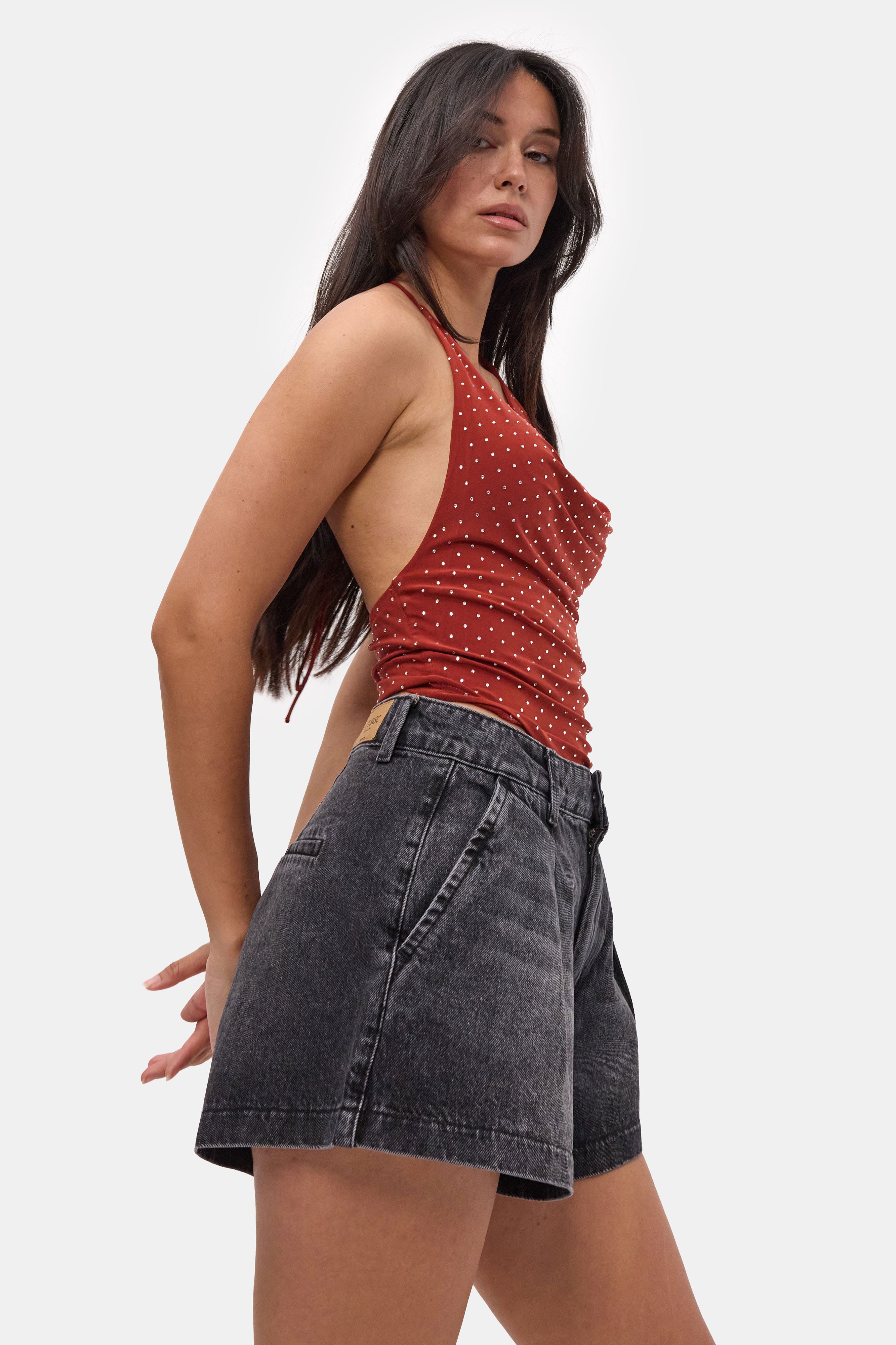 Kadın Koyu Füme 2s6-1 Mini Pileli Denim Şort