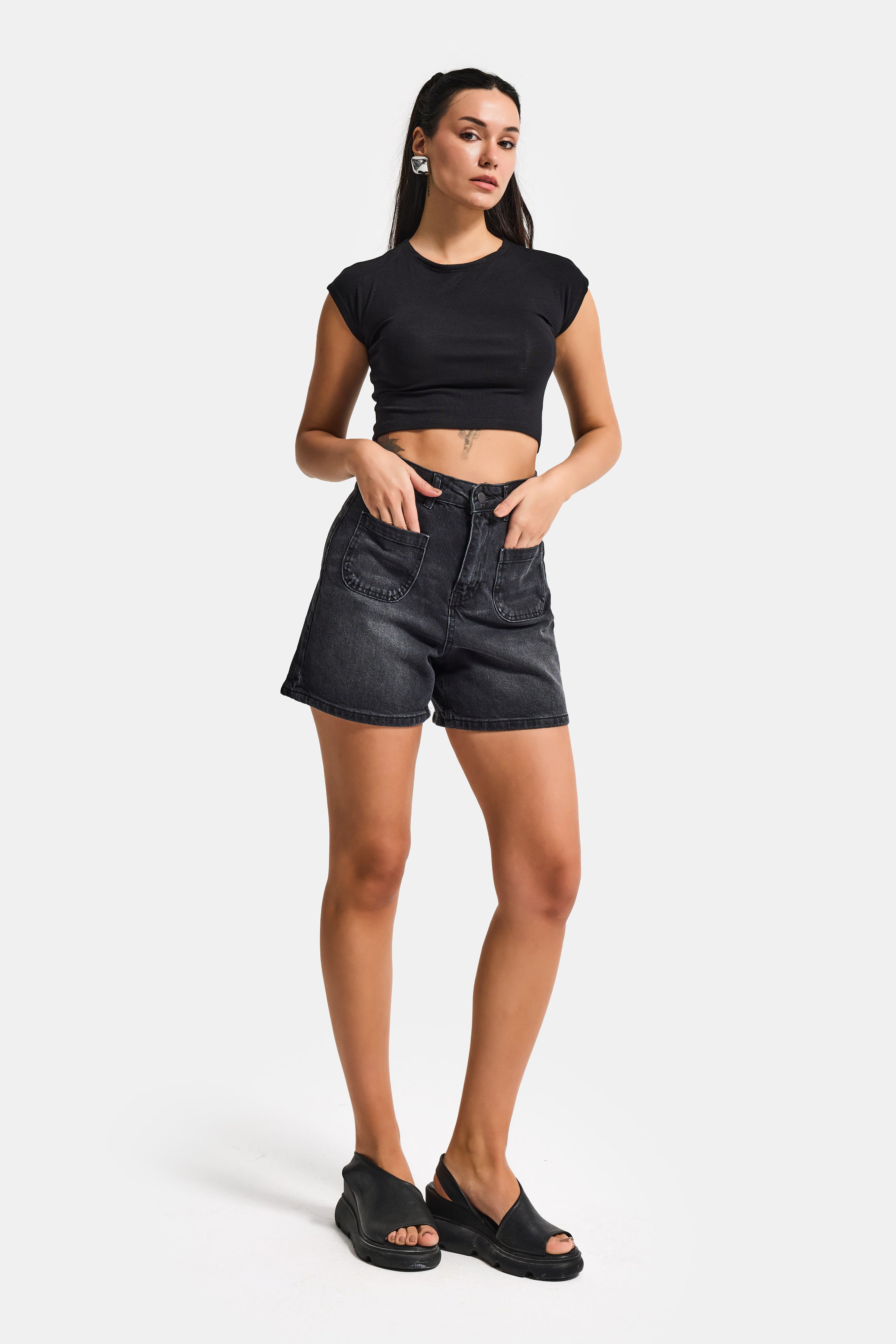 Women's Dark Smoked 2s6-1 Mom Fit Front Pocket Denim Shorts