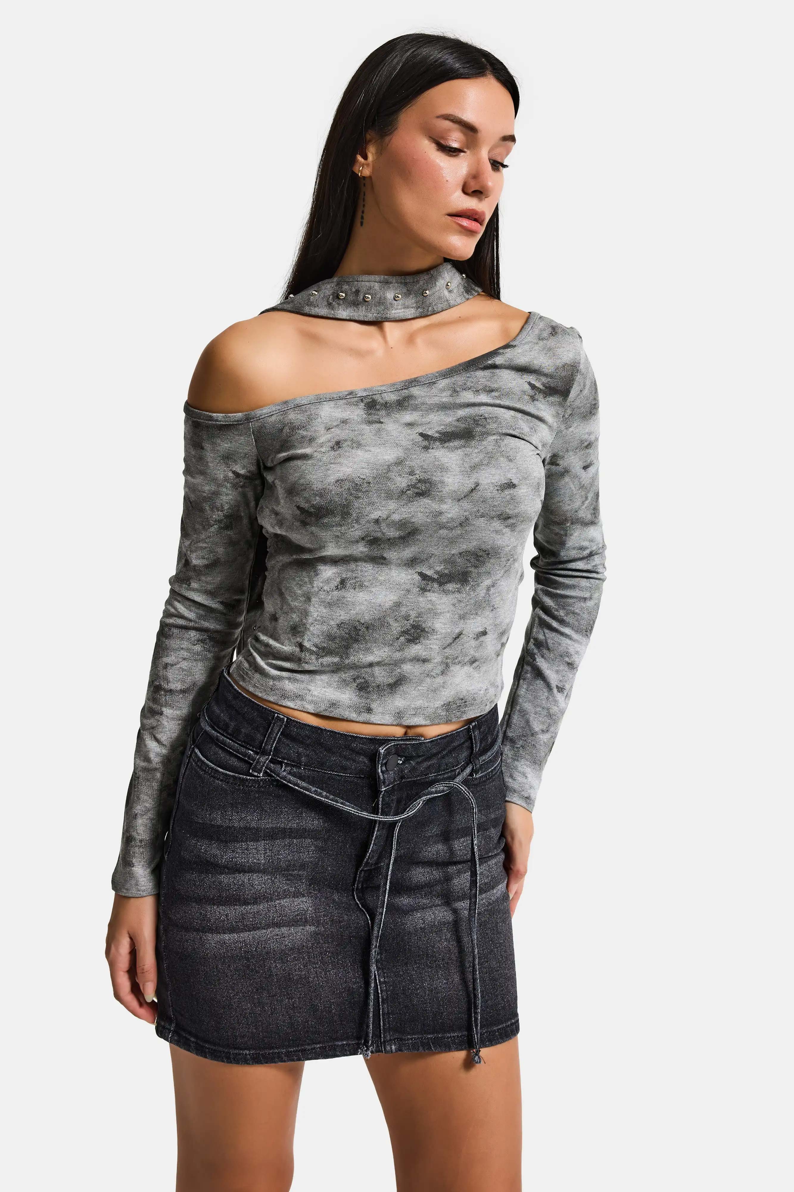 Women's Dark Smoke 2s6-1 Straight Fit Belted Elastane Mini Denim Skirt