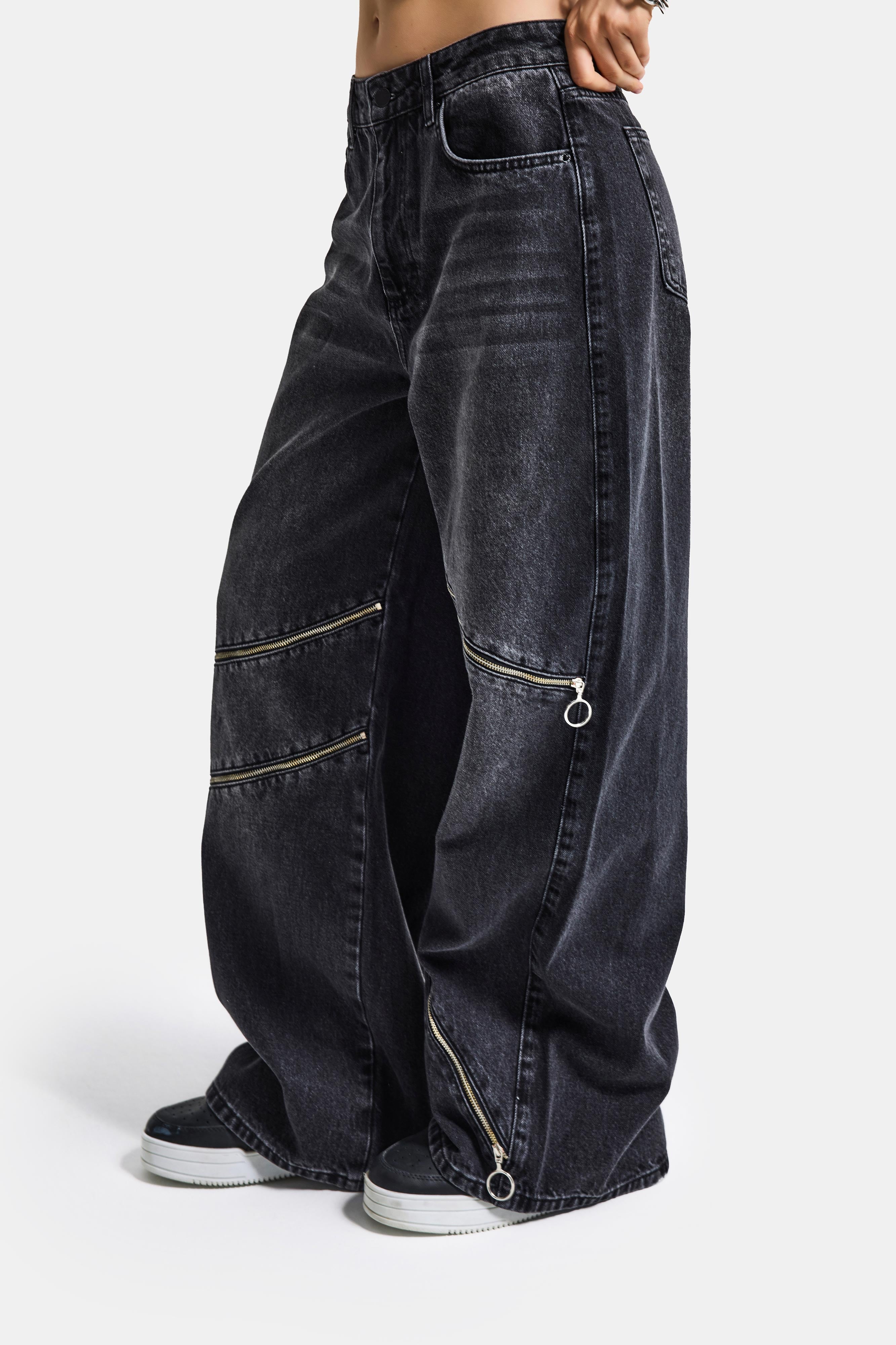Kadın Koyu Füme 2s6-1 Süper Baggy Fit Fermuar Detaylı Özel Tasarım Denim Jean