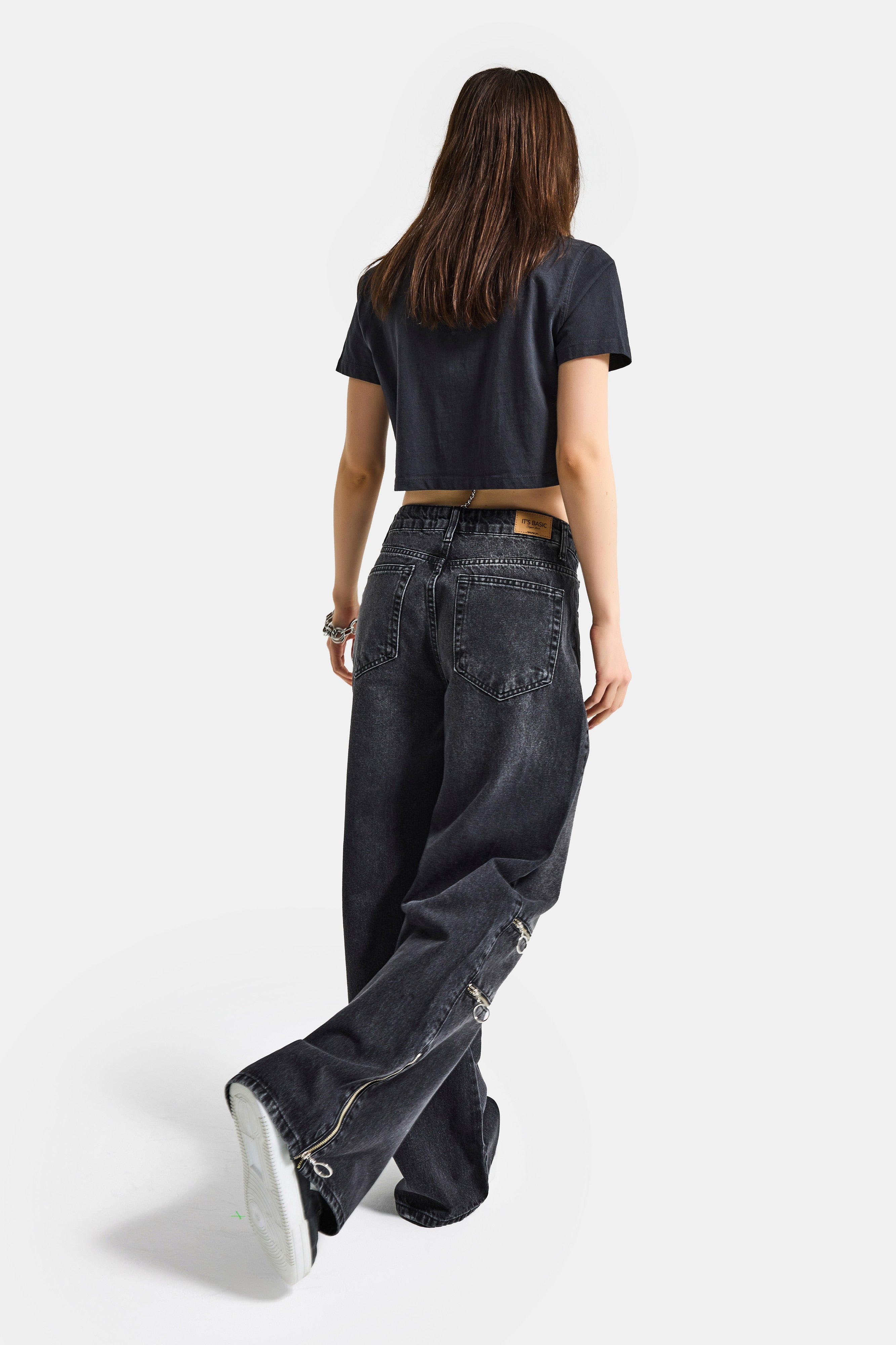 Kadın Koyu Füme 2s6-1 Süper Baggy Fit Fermuar Detaylı Özel Tasarım Denim Jean