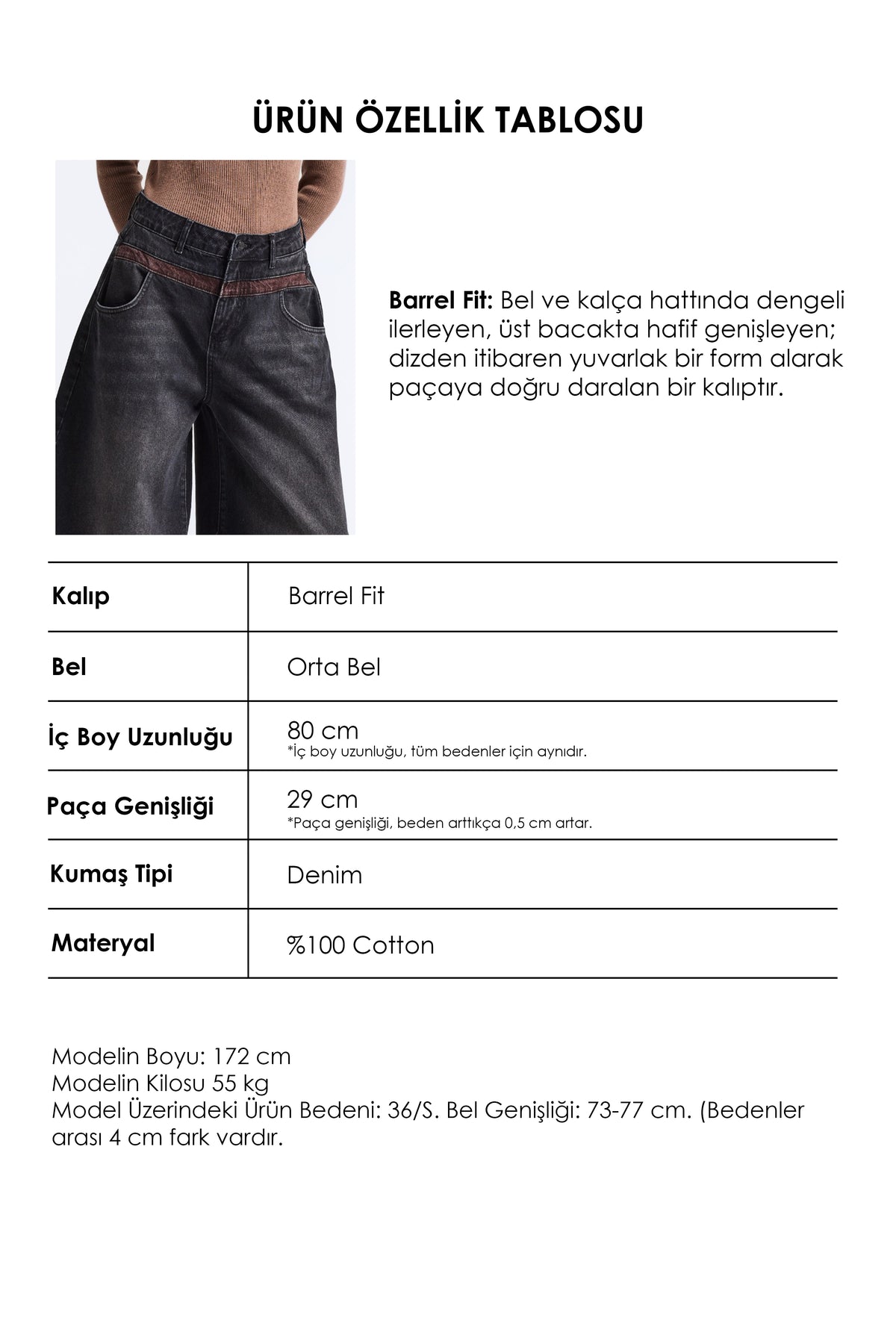 Kadın Koyu Füme 2w6-1 Barrel Fit Bol Kesim Özel Tasarım Denim Jean