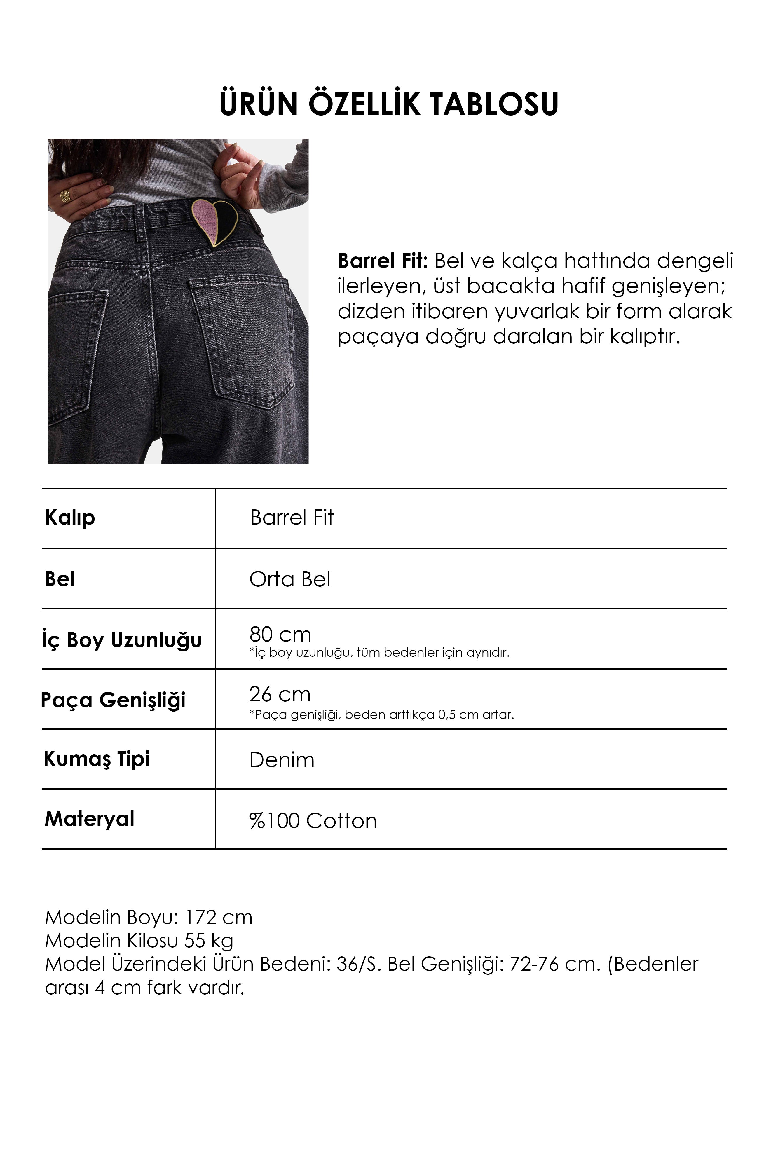 Kadın Koyu Füme 2w6-1 Barrel Fit Kalp Jakron Detaylı Denim Jean