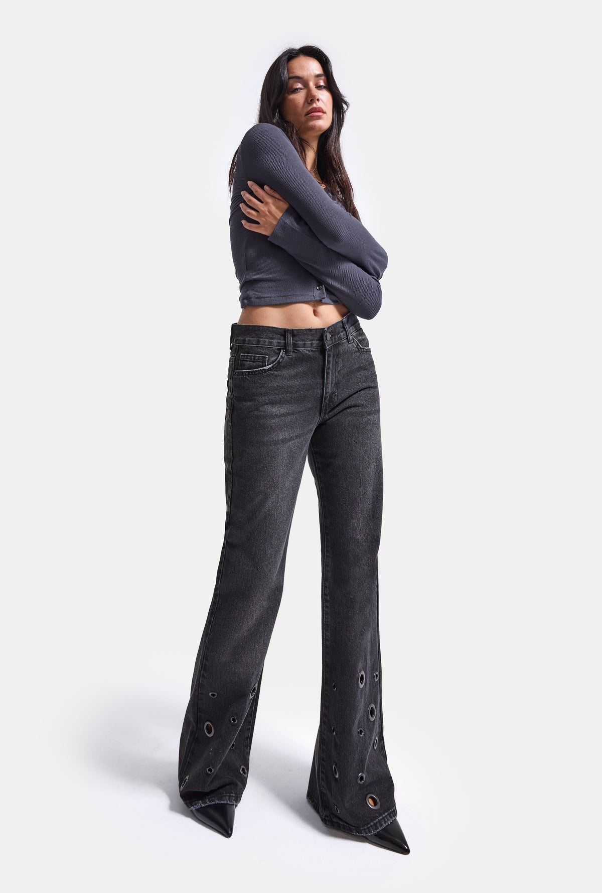 Kadın Koyu Füme 2w6-1 Flare Fit Özel Tasarım Denim Jean
