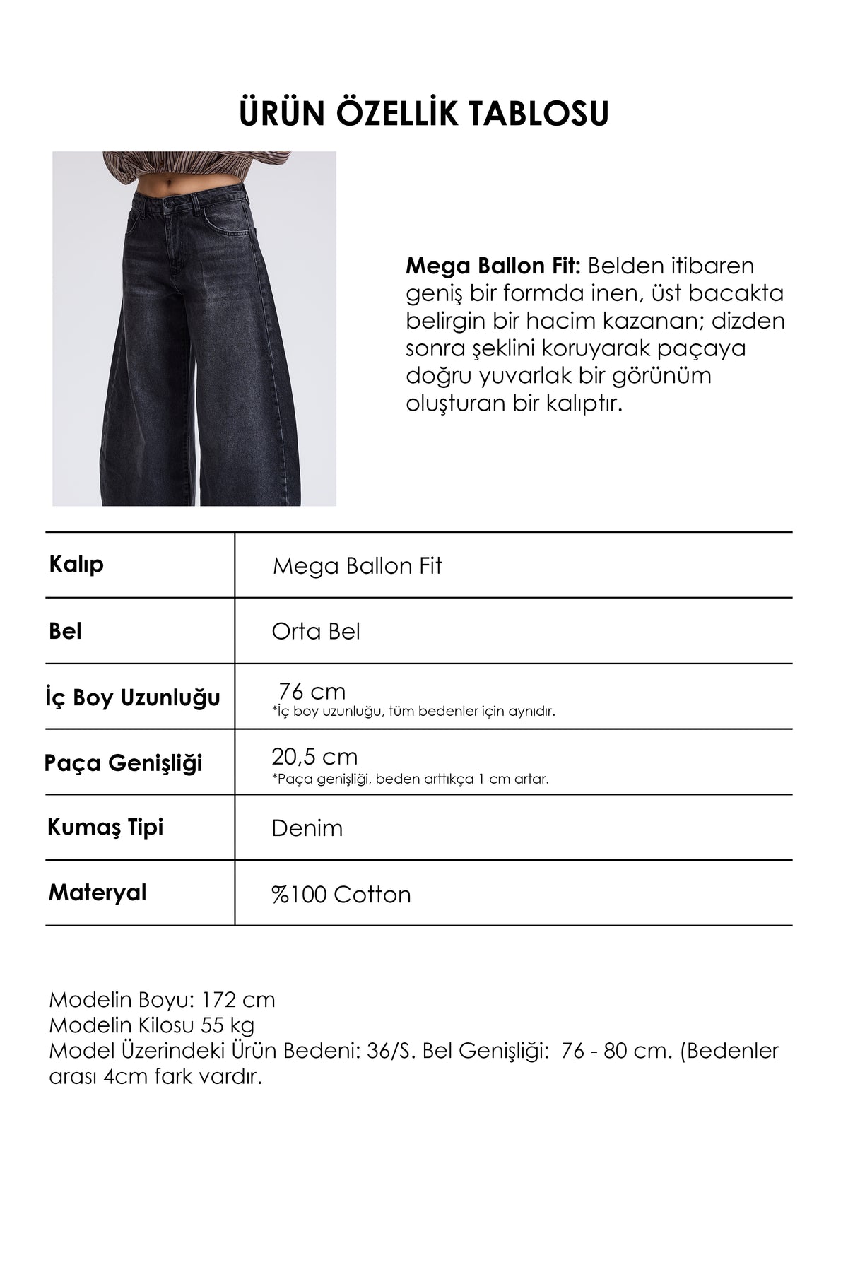 Kadın Koyu Füme 2w6-1 Mega Balon Fit %100 Koton T45 Denim Jean