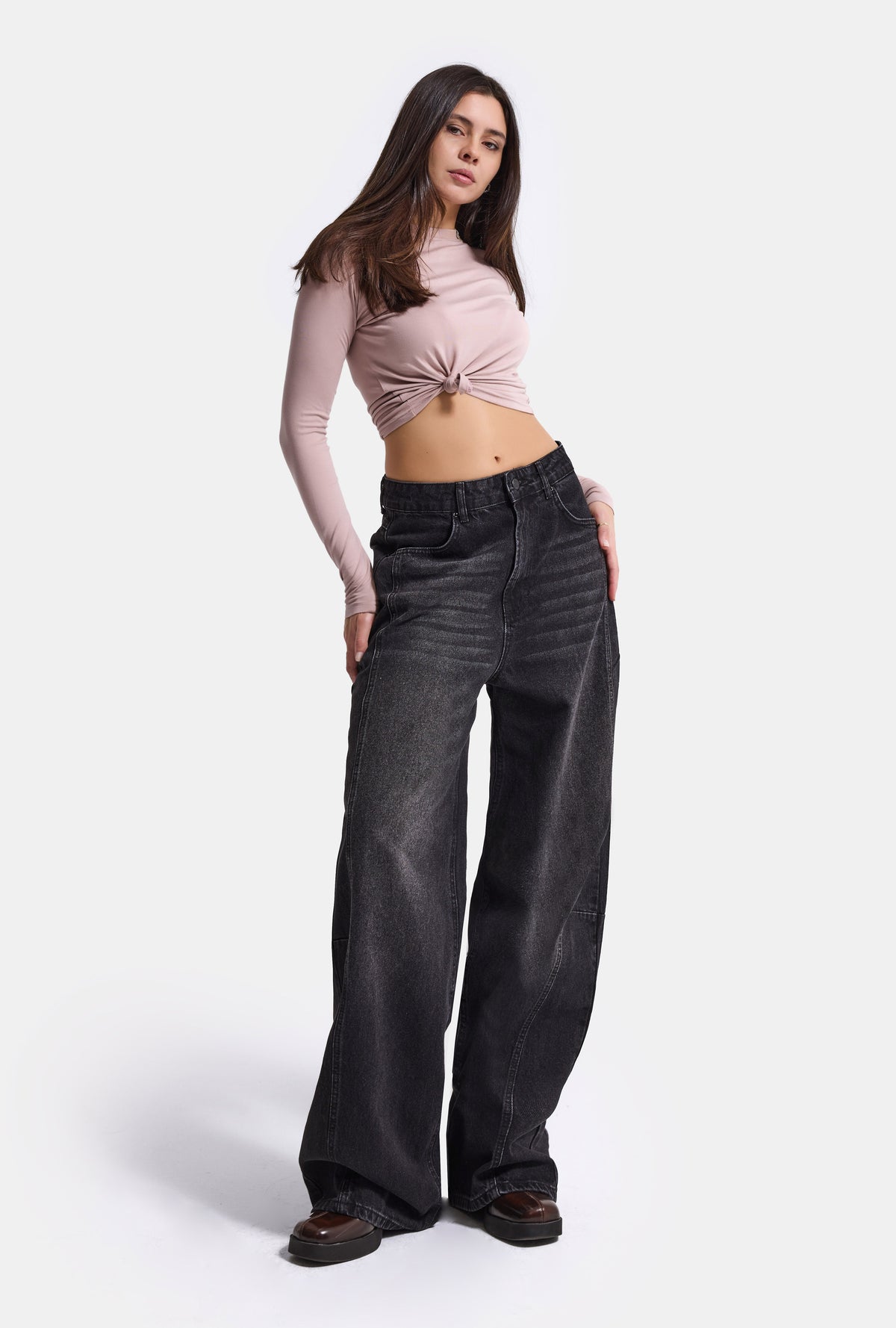 Kadın Koyu Füme 2w6-1 Mega Barrel Fit Nakış Özel Tasarım Denim Jean