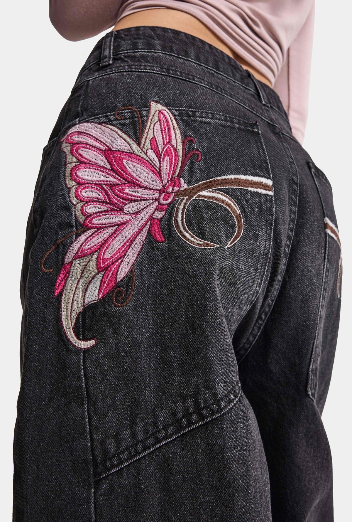 Kadın Koyu Füme 2w6-1 Mega Barrel Fit Nakış Özel Tasarım Denim Jean
