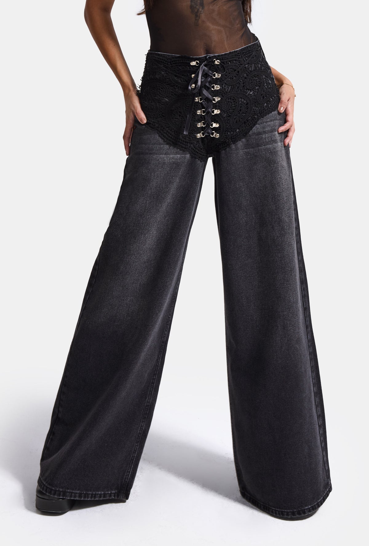 Kadın Koyu Füme 2w6-1 Palazzo Fit Özel Tasarım Denim Jean