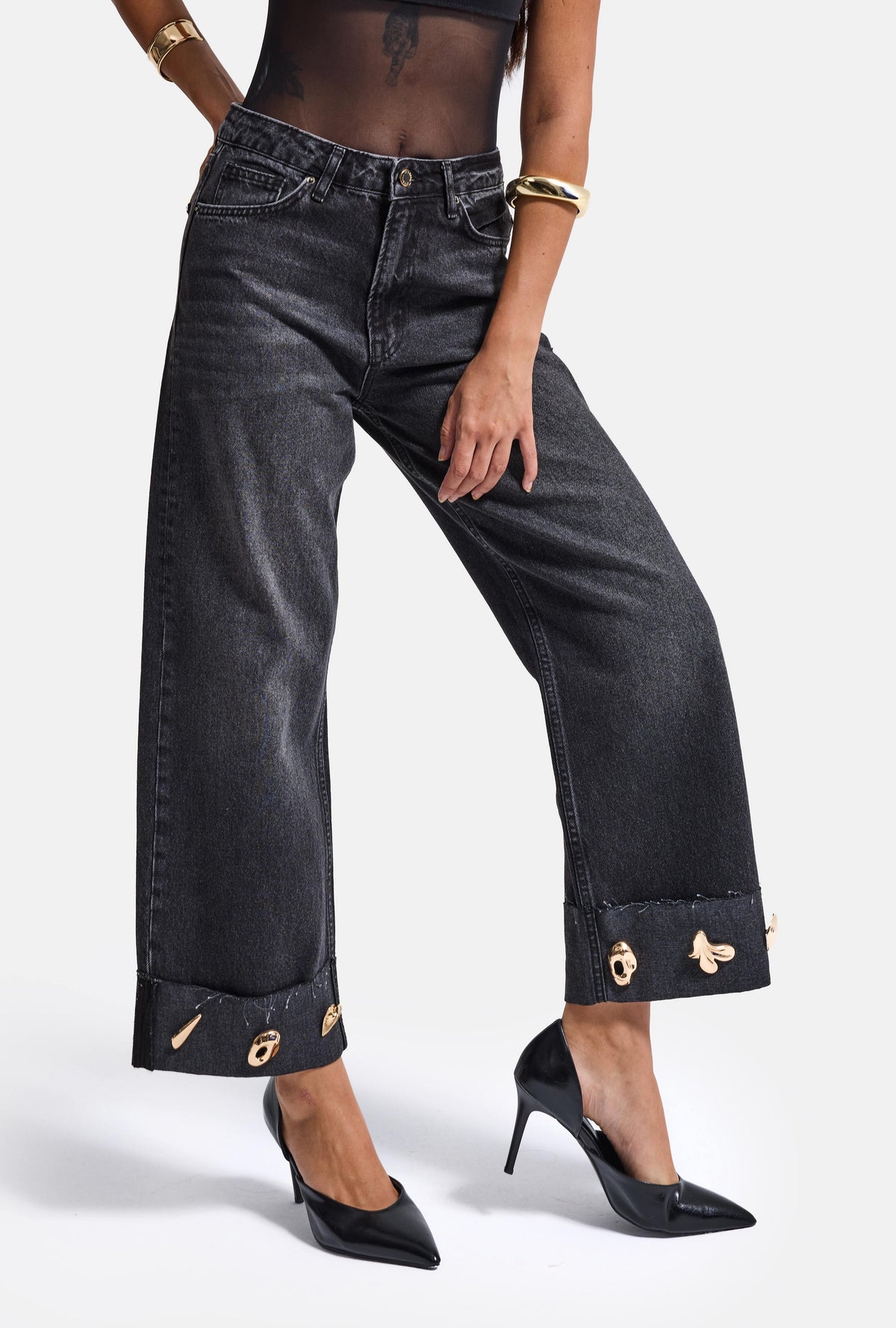 Kadın Koyu Füme 2w6-1 Relaxed Fit Aksesuar Detaylı Özel Tasarım Denim Jean