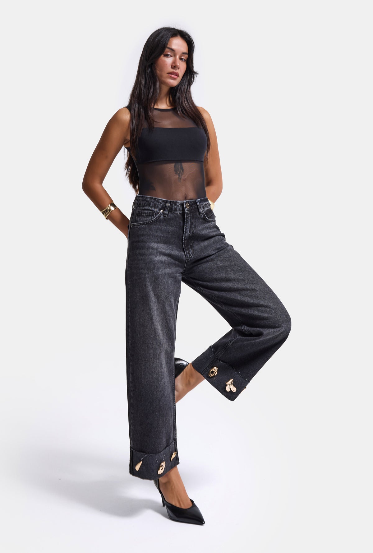 Kadın Koyu Füme 2w6-1 Relaxed Fit Aksesuar Detaylı Özel Tasarım Denim Jean
