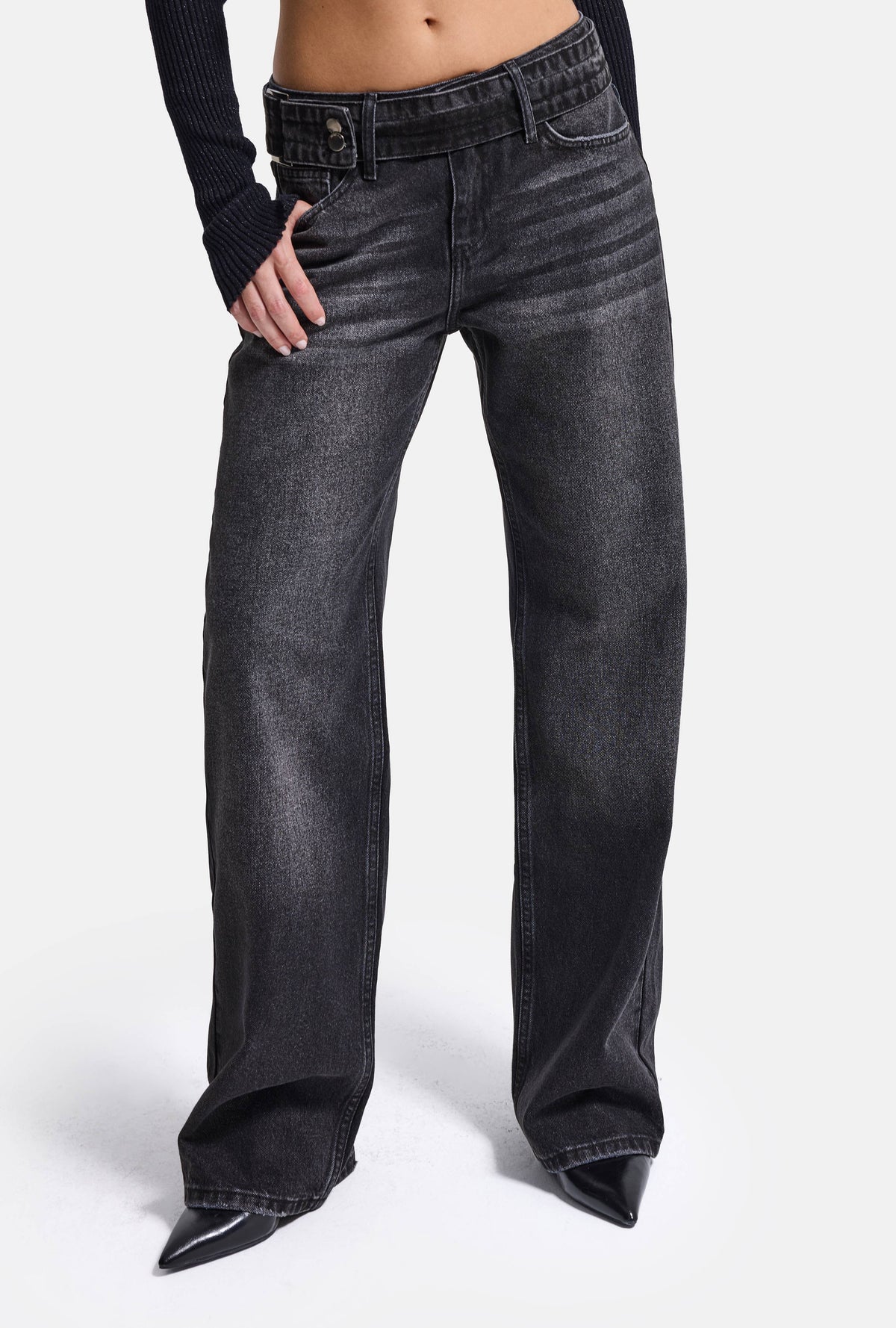 Kadın Koyu Füme 2w6-1 Straight Fit Kemer Detaylı Tasarım Denim Jean